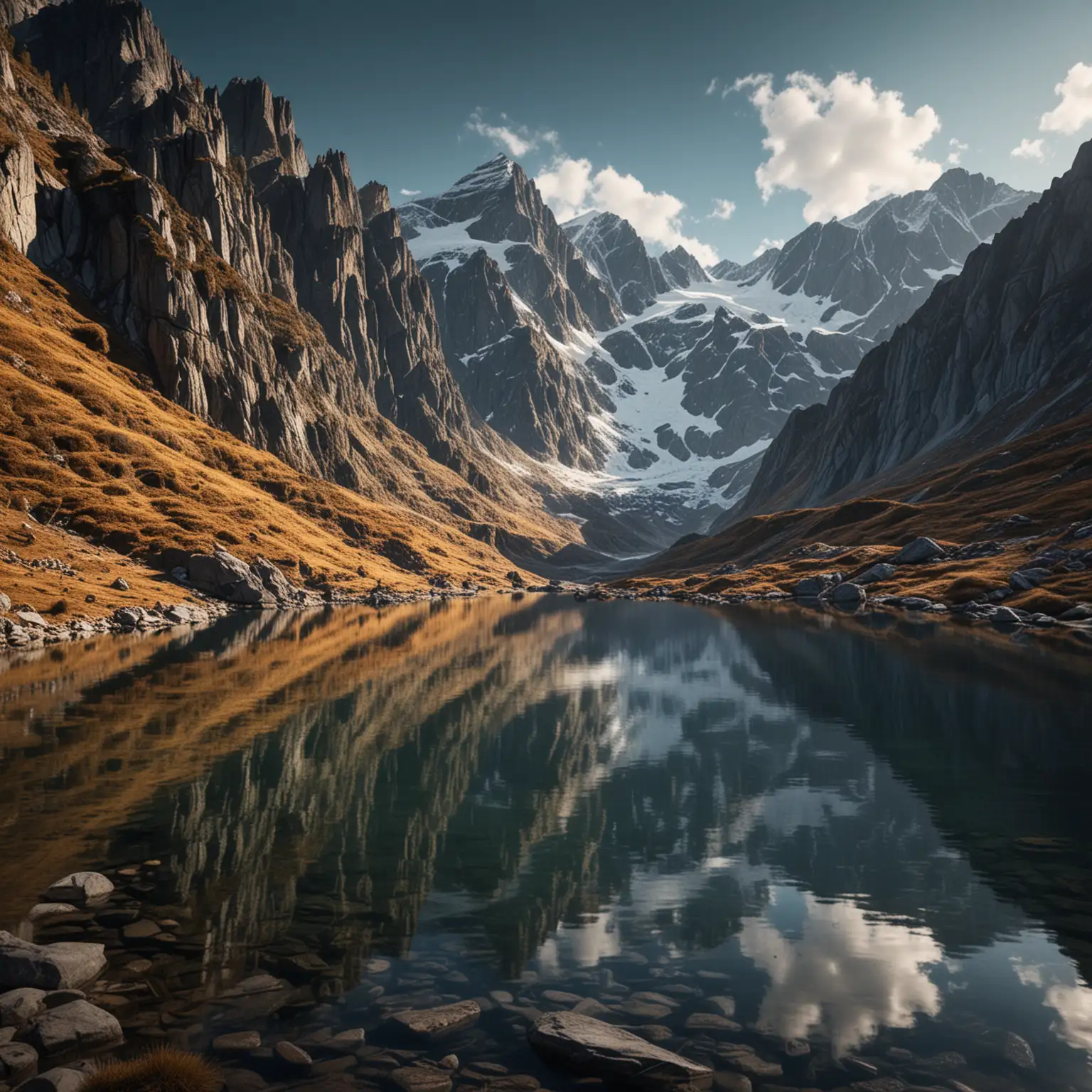 Immerse yourself in the breathtaking beauty of high mountains, captivated by the rich details and perfect composition of this high-quality, high-definition 8K shot of High mountains, rich details, perfect composition, high quality, high-definition, 8K, lake, reflections, photorealistic, nature photography