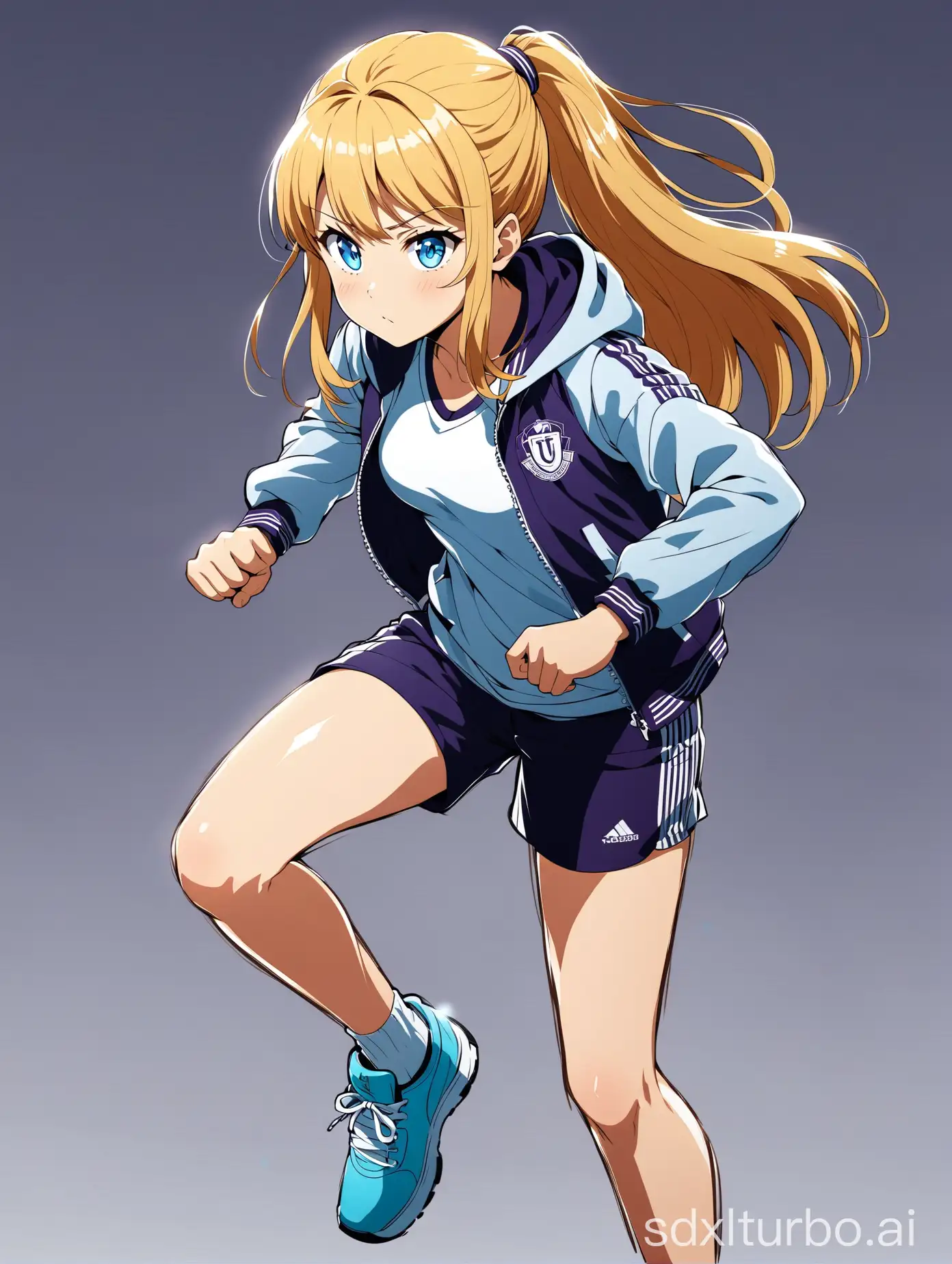 A thin low stature blonde teen girl, with frizzy long hair, with curly bangs and pony tail, blue eyes, with grey-violet university jacket, doing gym exercises, serious face, Tatsuki Fujimoto style