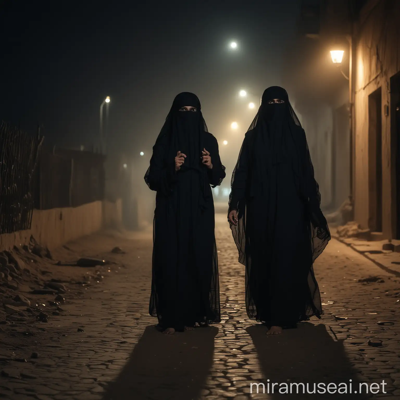 two women in burkha scared standing in night
