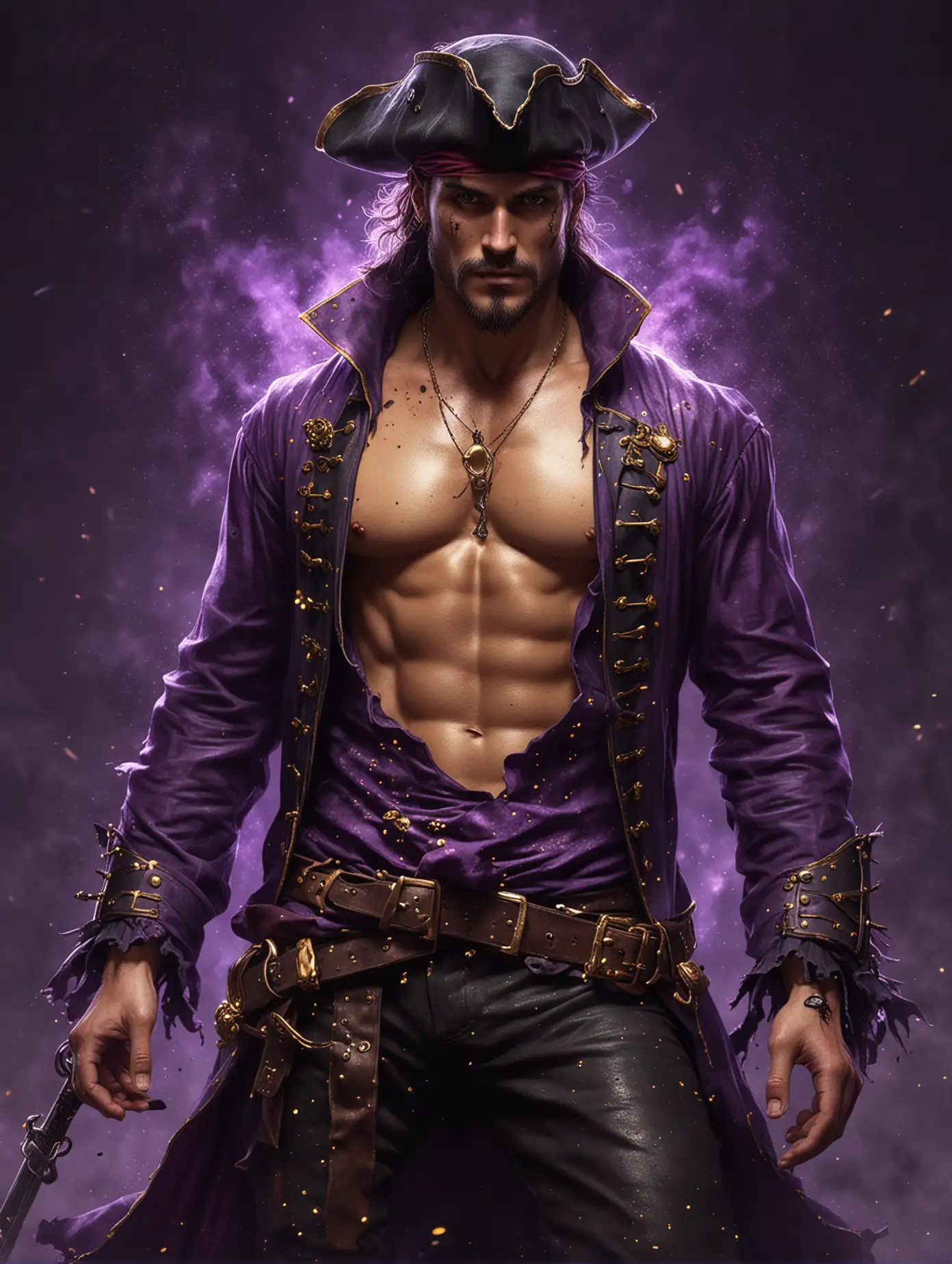 Illustration of a handsome pirate man, he is wearing an unbuttoned pirate clothes, nice abs, black and purple fog, gold sparks