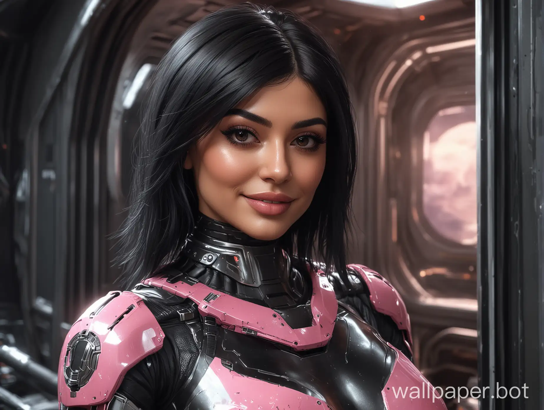 Star Citizen,female with kylie jenner face, selfie, Science-Fiction, close-up headshot, shiny cyber armor undersuit with the 3 colors Pink Black Silver, curvy female bodyshape, stars and planet through a window in the background, black long hair, natural black eyes, futuristic headgear, sexy smiling with showing teeth
