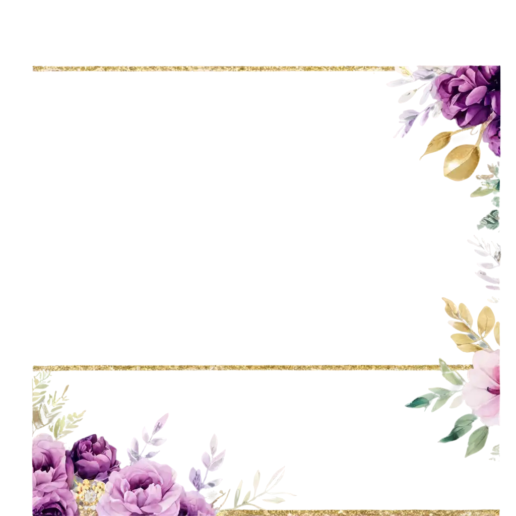 colorful purple complamatery water color flower border for an invitation design. also with some gold flowers inside 