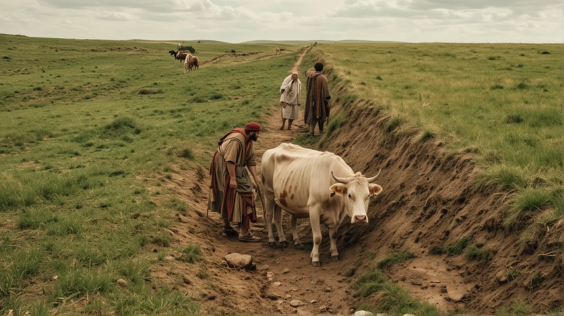 Biblical Era Scene Men Observing Cow at Fields Edge