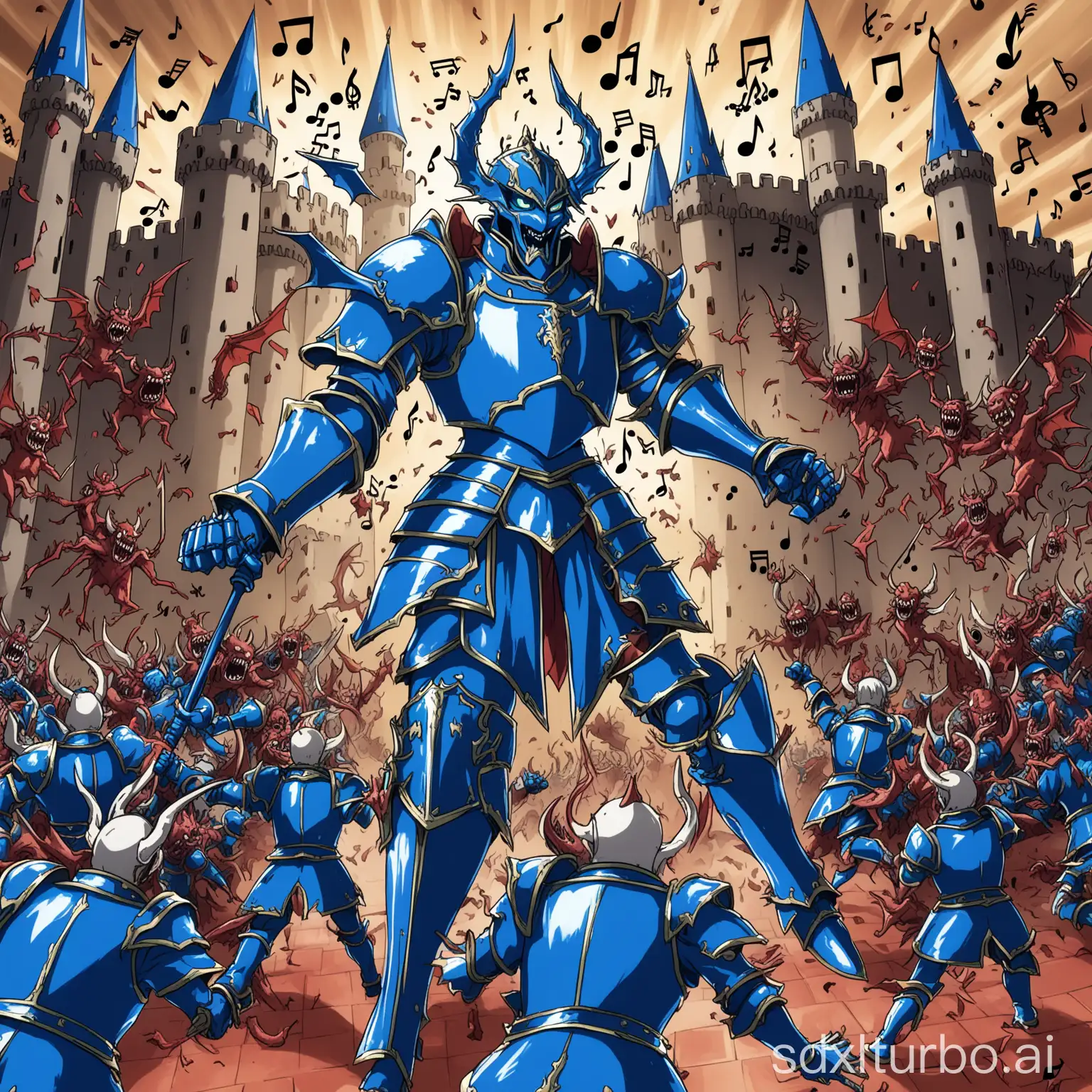 anime character in blue armor beating a horde of daemons in a musical castle