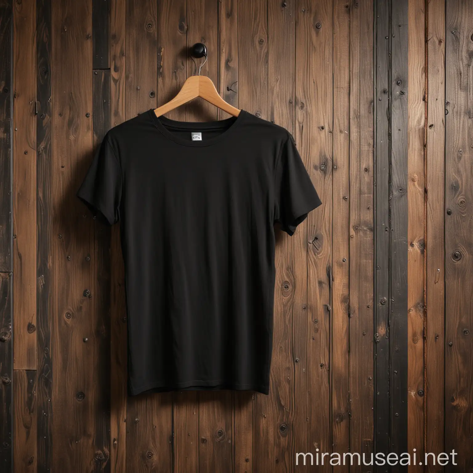 Black Drop Shoulder TShirt Hanging on Wooden Wall with Nail