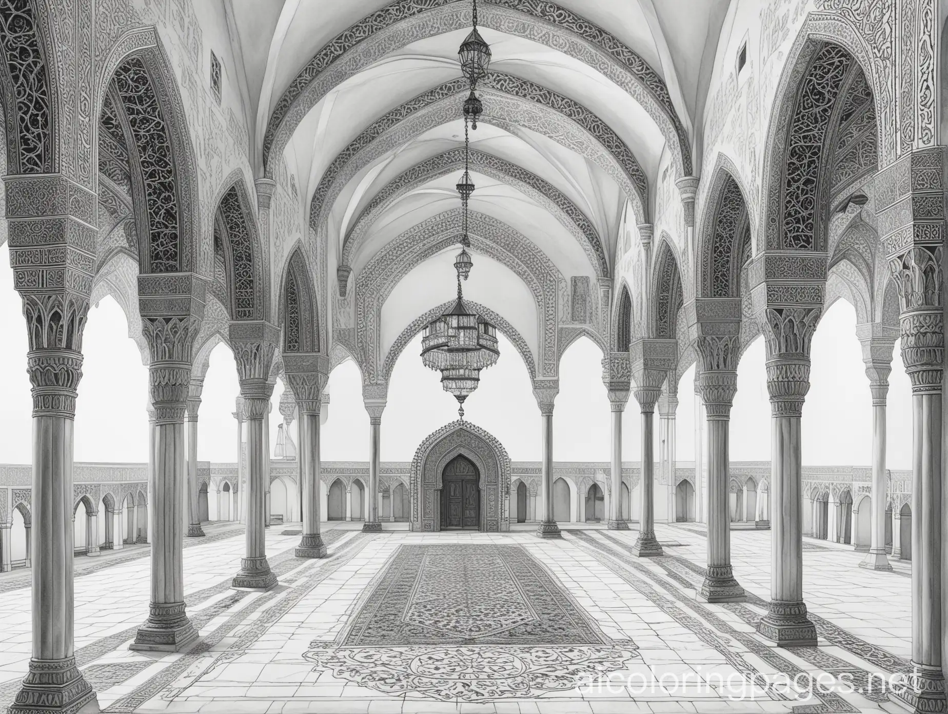 gothic Ottoman caravanserai, Coloring Page, black and white, line art, white background, Simplicity, Ample White Space. The background of the coloring page is plain white to make it easy for young children to color within the lines. The outlines of all the subjects are easy to distinguish, making it simple for kids to color without too much difficulty