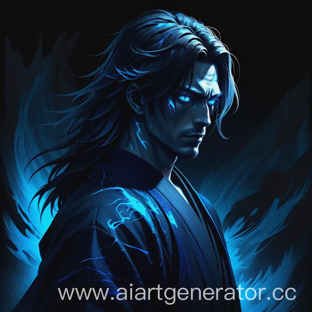 Silhouette of male with a long hair wearing a dark kimono with dark-blue texture on it, glowing neon blue eyes, dark night atmosphere, having a scars on a face, looking tired but still heroic and powerful. Partially hoary hair. Rough drawing style, combined with charcoal paintings style and sketchy style.