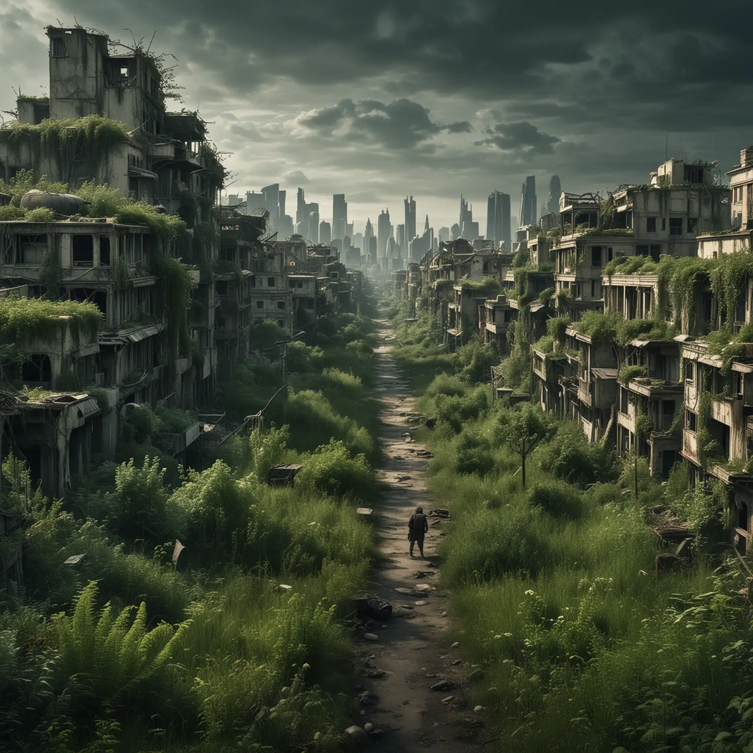 City scape overgrown 1000 years after an apocalypse 