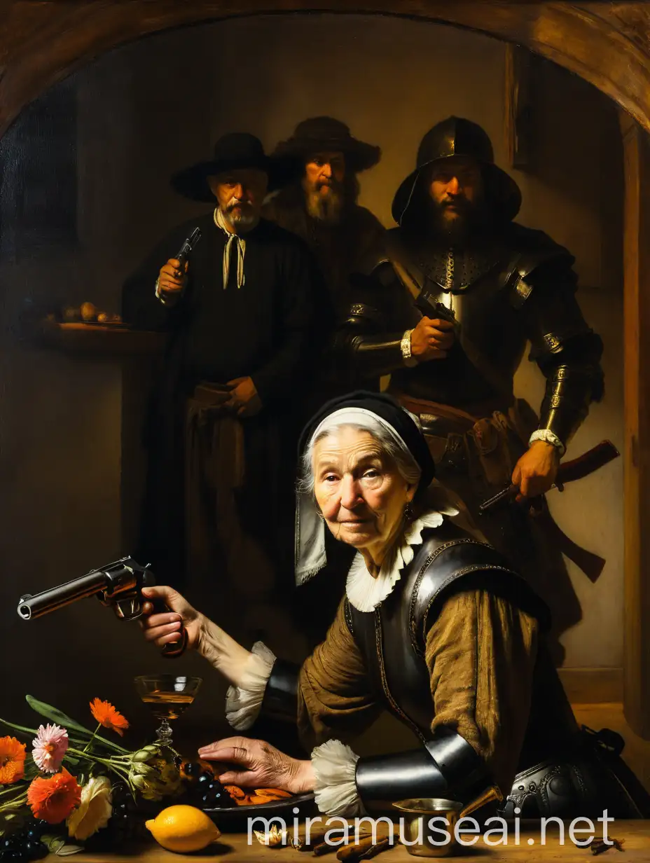 Rembrandt very old grotesque  woman in the kitchen with gun, young undressed woman, extra good hands detailed ,  old man in armor, Die herabkunft Christi, with flowers painting that will show scene from voodoo history in a Rembrandt style, Dramatic use of light and shadow, a technique known as chiaroscuro, This creates a striking contrast between light and dark areas, often highlighting the focal point of the painting, His compositions often convey deep emotional or narrative intensity, Rembrandt's color palette is typically rich but subdued, featuring earthy tones and warm colors, His brushwork is renowned for its expressiveness and texture, ranging from smooth and finely detailed in areas of focus to more loose and impressionistic in other parts,
