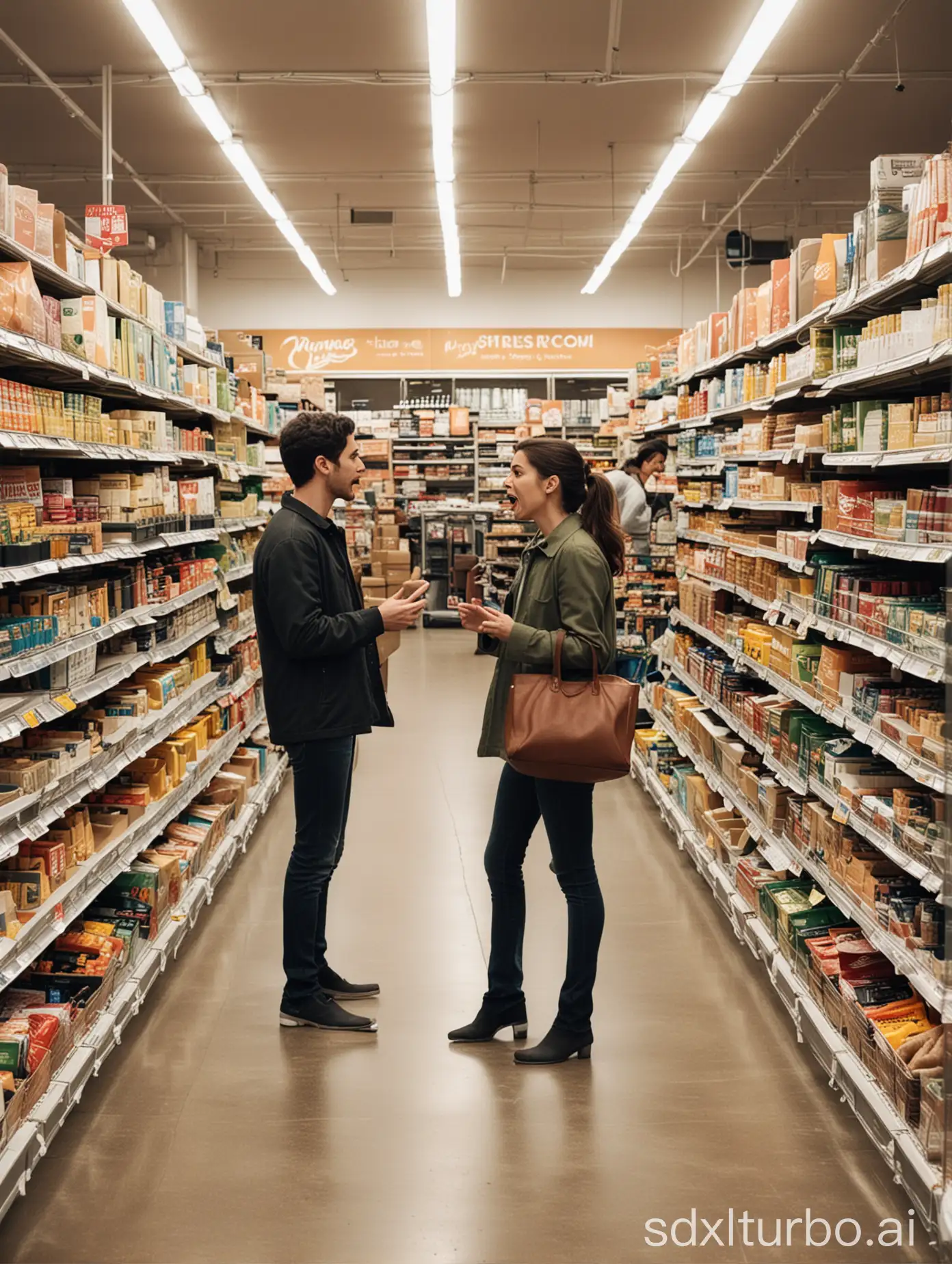 A picture of a busy grocery store with two people arguing in the middle