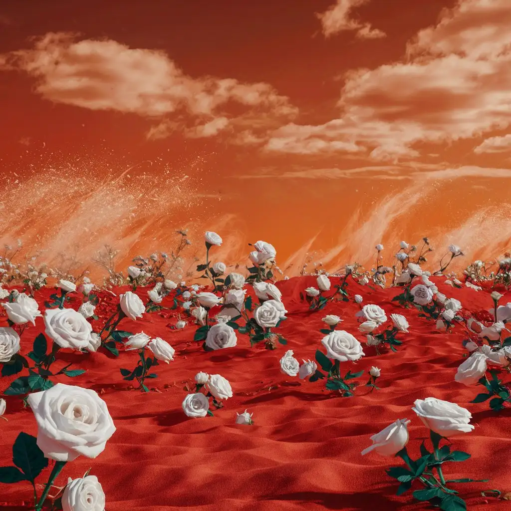 The desert in red, filled with white roses, the sky is orange-red, and the air is filled with flying sand.