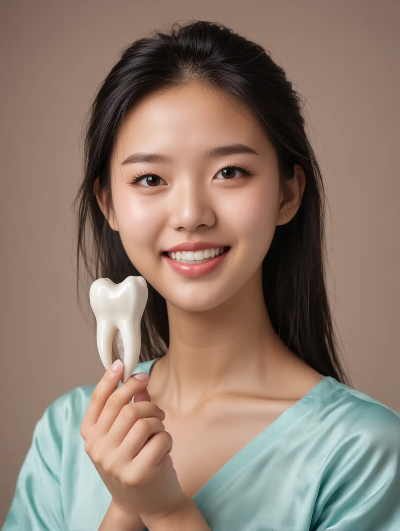 美丽的中国小女孩手里拿着牙齿模型