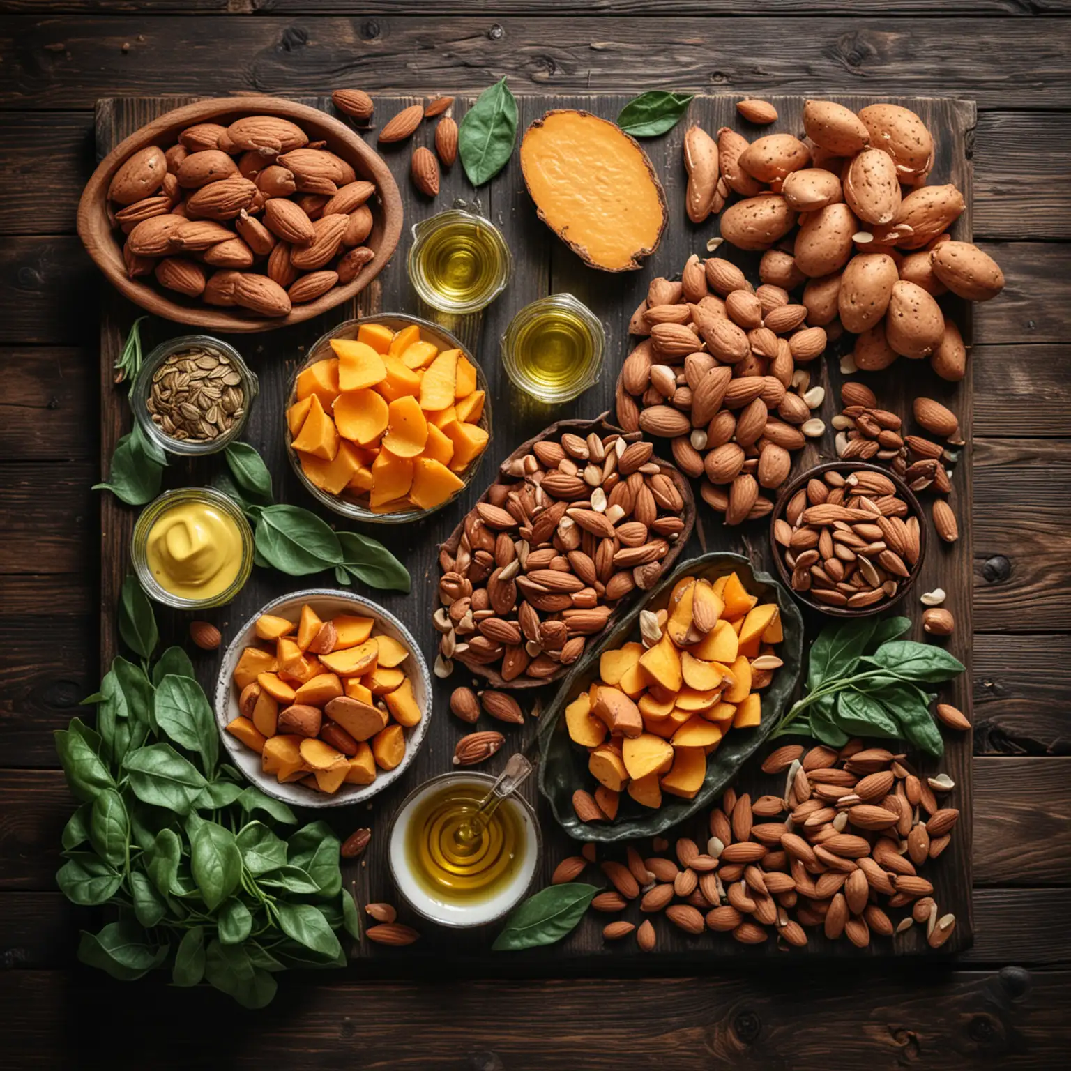 appetizing, attractive arrangement of foods on dark wooden table. foods to include: Almonds, spinach, plant oils (like grapeseed oil, sunflower oil, olive oil, and vegetable oil) and sweet potatoes