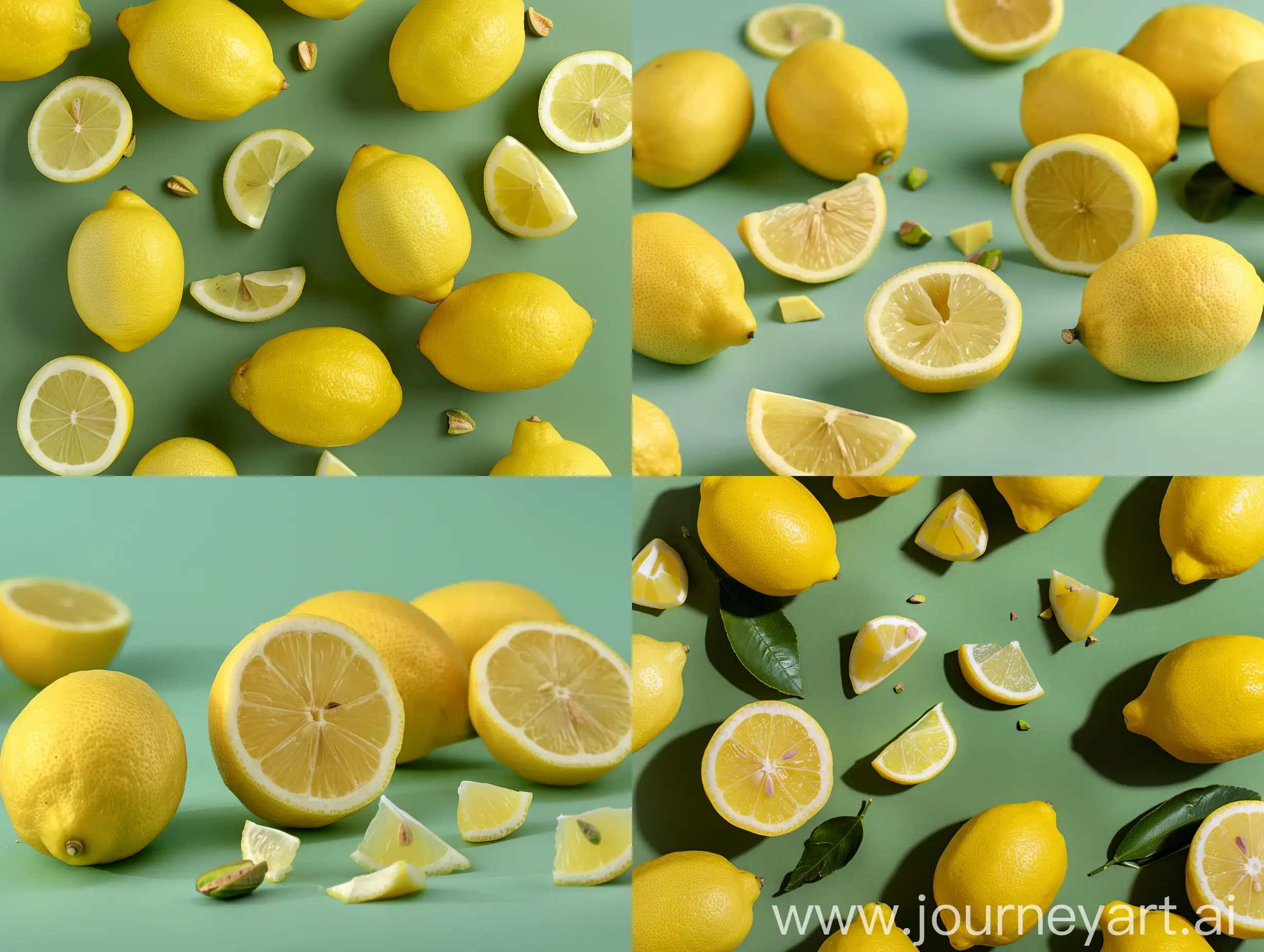 Real photo of some yellow lemons with cut pieces on pistachio green background
