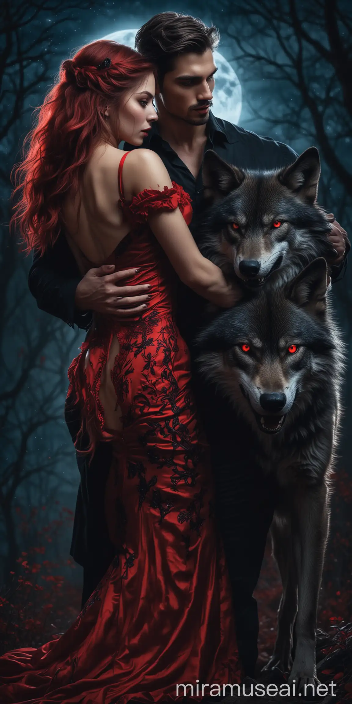 A beautiful lady in a red and black fitted dress, held romantically from behind by a handsome young muscular man with red eyes and fangs, in a luminous blue full moon night, and with a wolf beside the lady