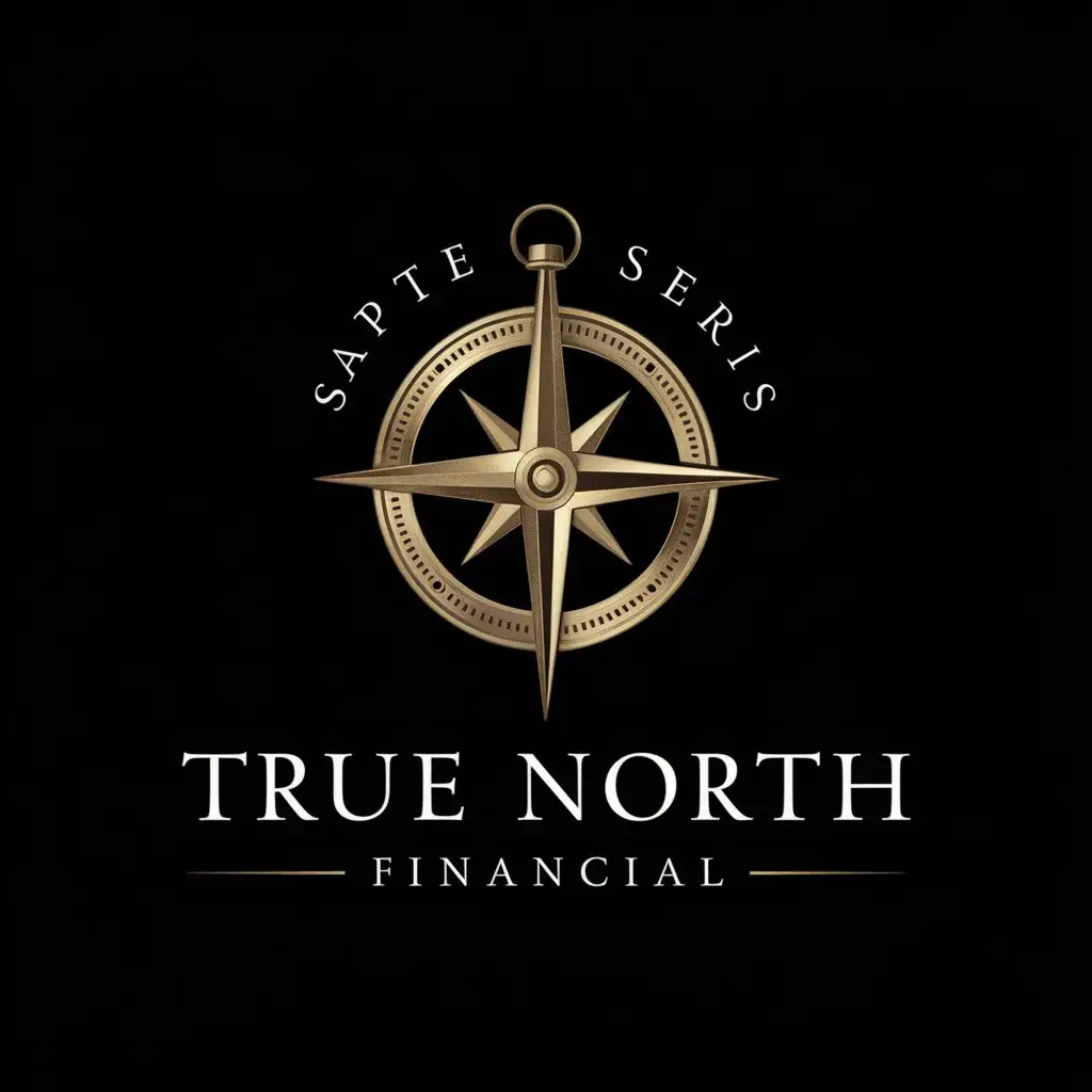 a logo design,with the text "True North Financial", main symbol:expensive antique gold compass pointing north on black background include phrase Sapte Seris,complex,be used in Finance industry,clear background