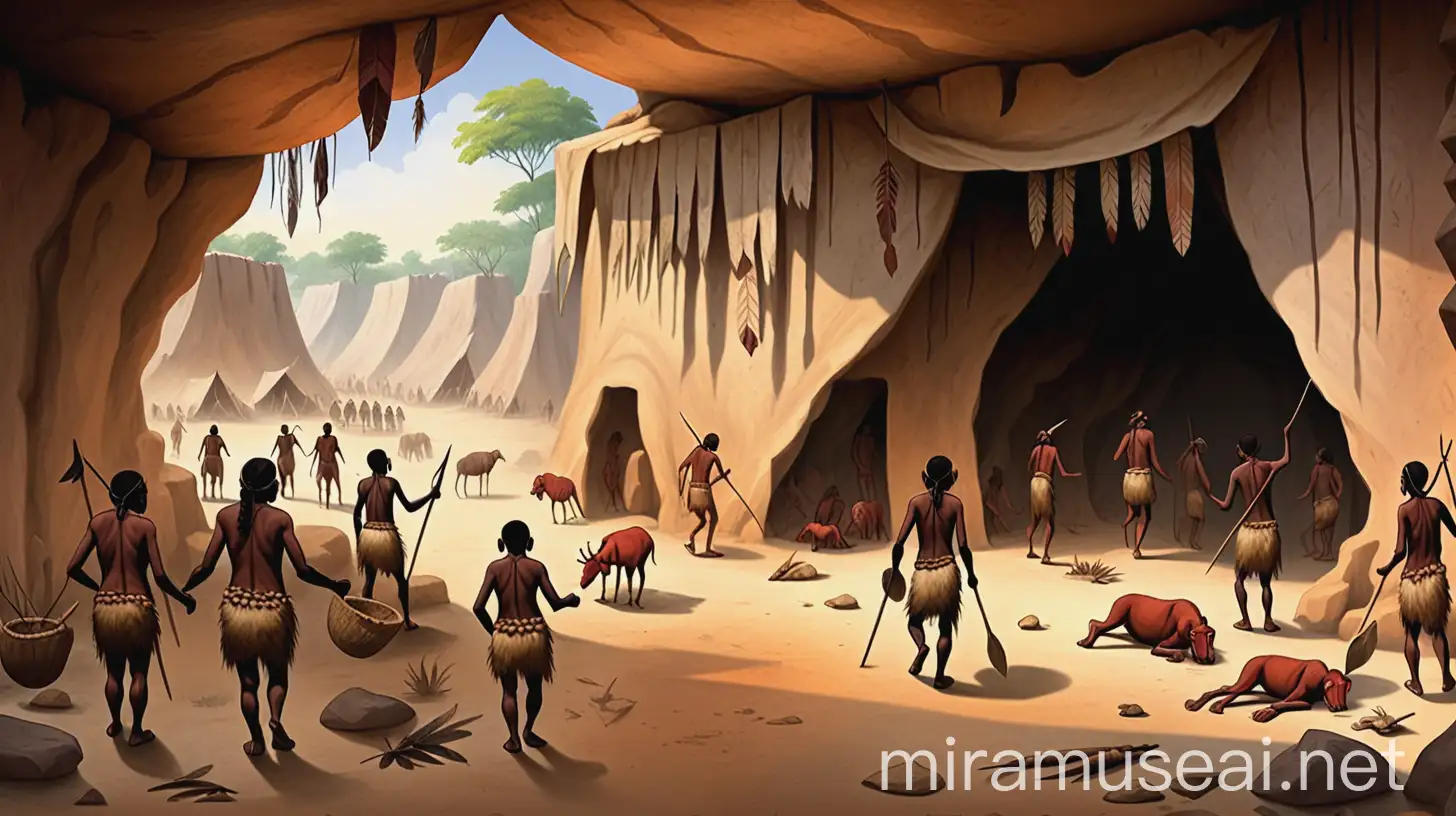create a wallpaper background that shows how people moved from hunter gatherers into trading communities. include cave paintings