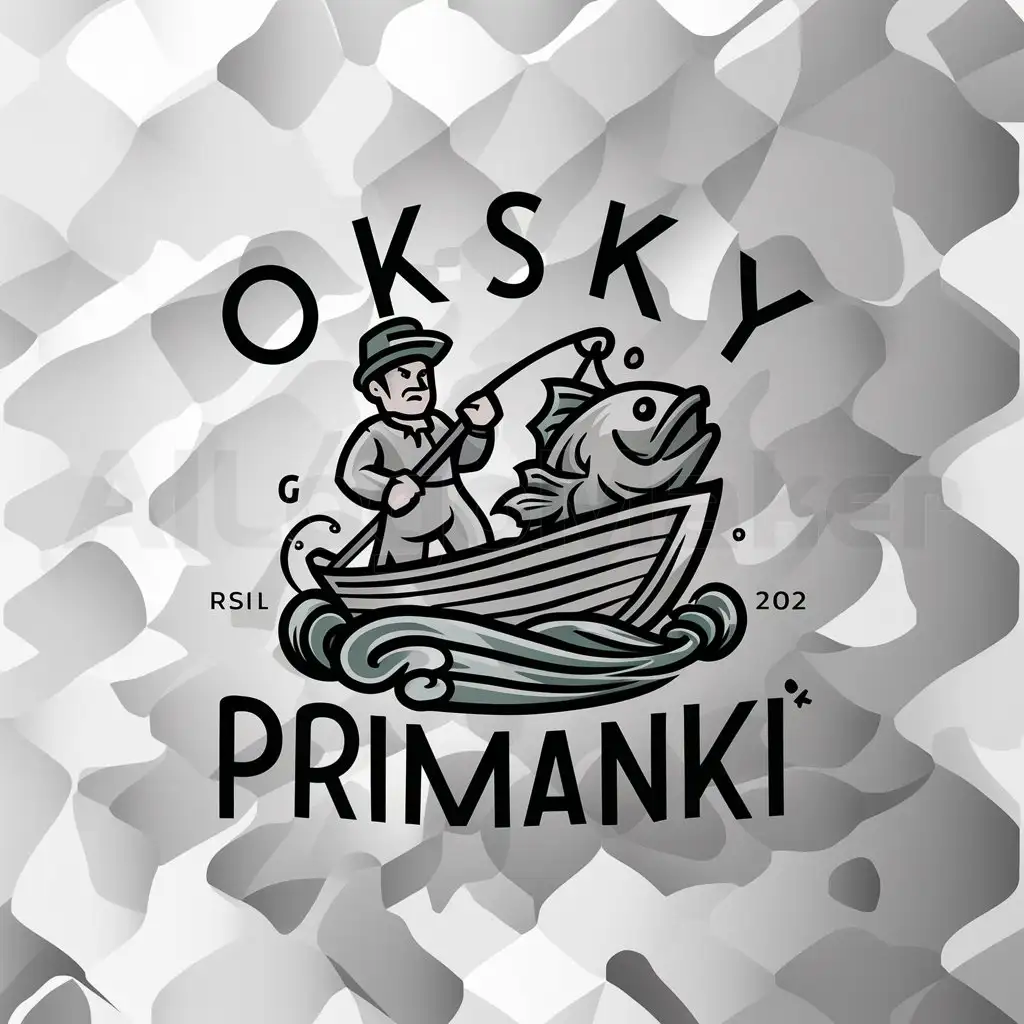 a logo design,with the text "Oksky primanki", main symbol:Fisherman on boat pulling in fish,complex,be used in Entertainment industry,clear background