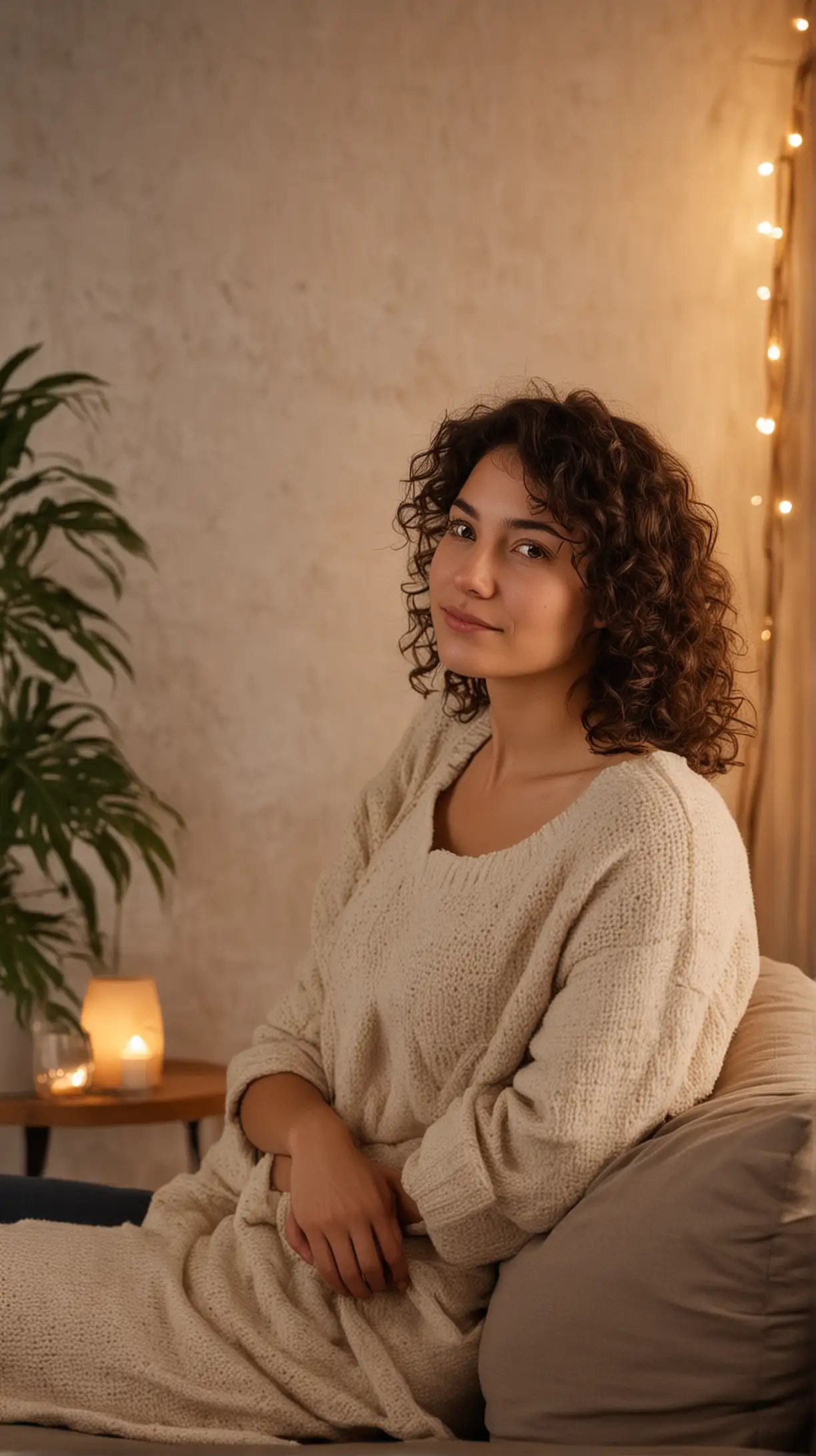 A person sitting comfortably, perhaps on a couch or chair, facing slightly to the side, with a relaxed expression. Background could be a cozy living room setting with soft lighting.