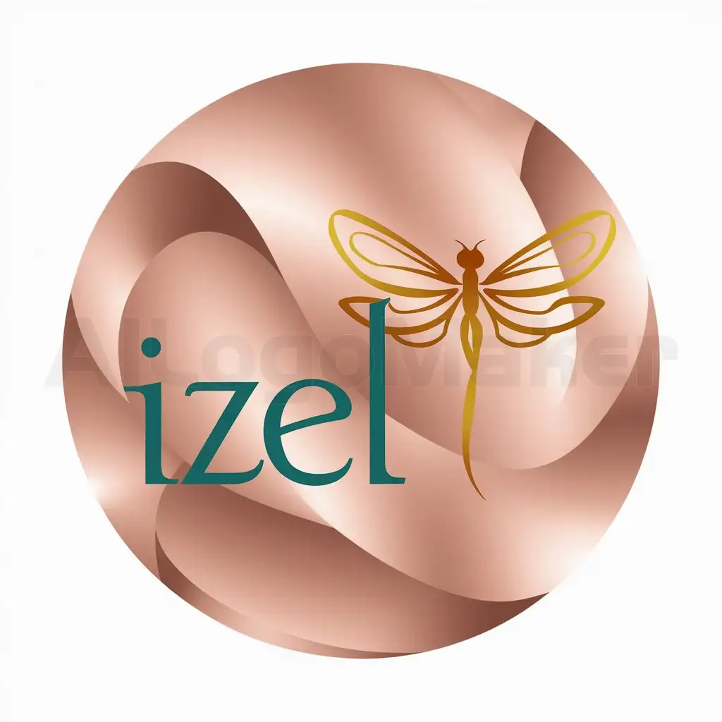LOGO-Design-for-Izel-Aqua-Green-Sans-Serif-Italic-Text-with-Golden-Dragonfly-Woman-on-Rose-Gold-Gradient-Background