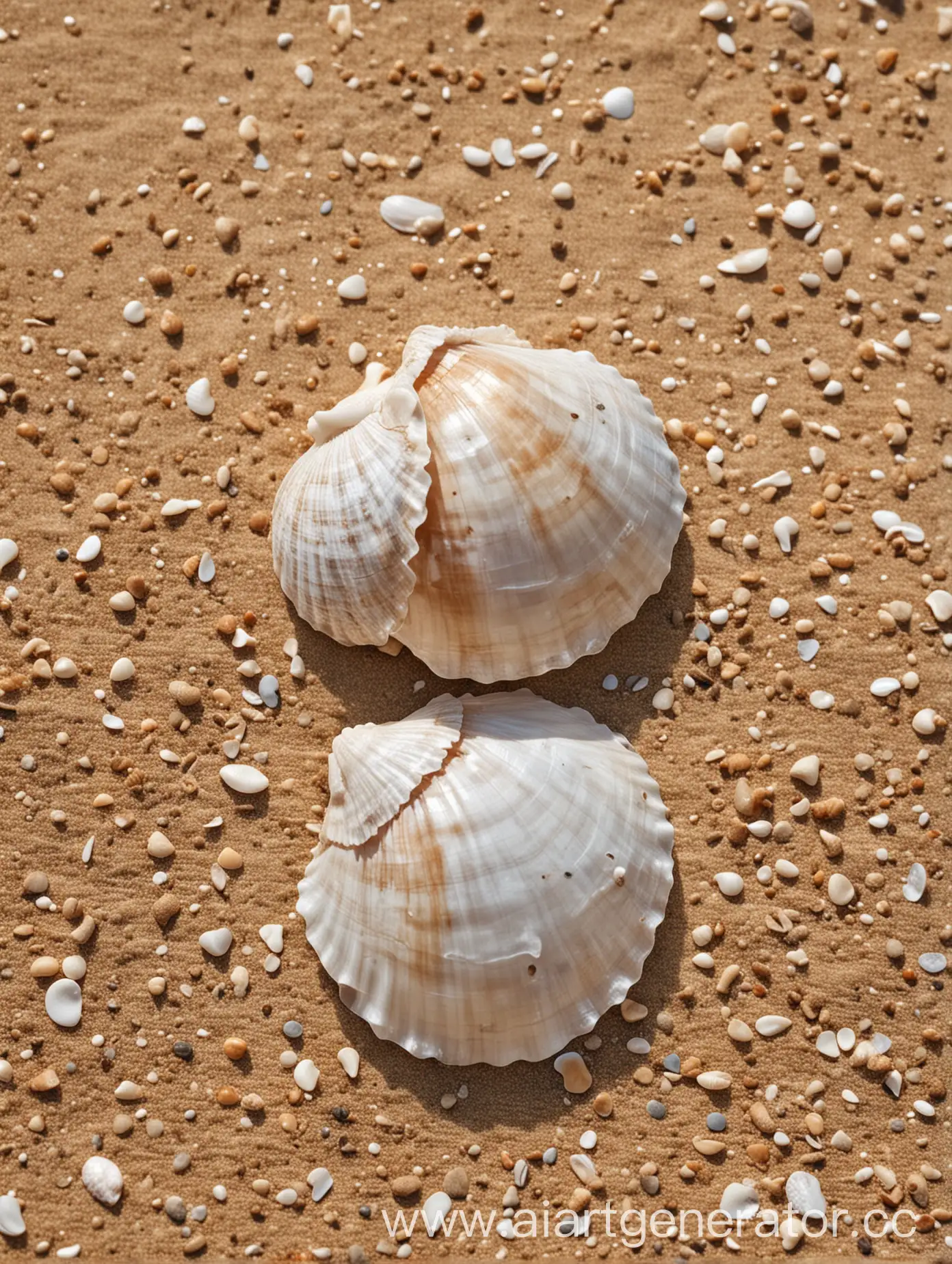 Две перламутровые морские ракушки на песке на берегу моря