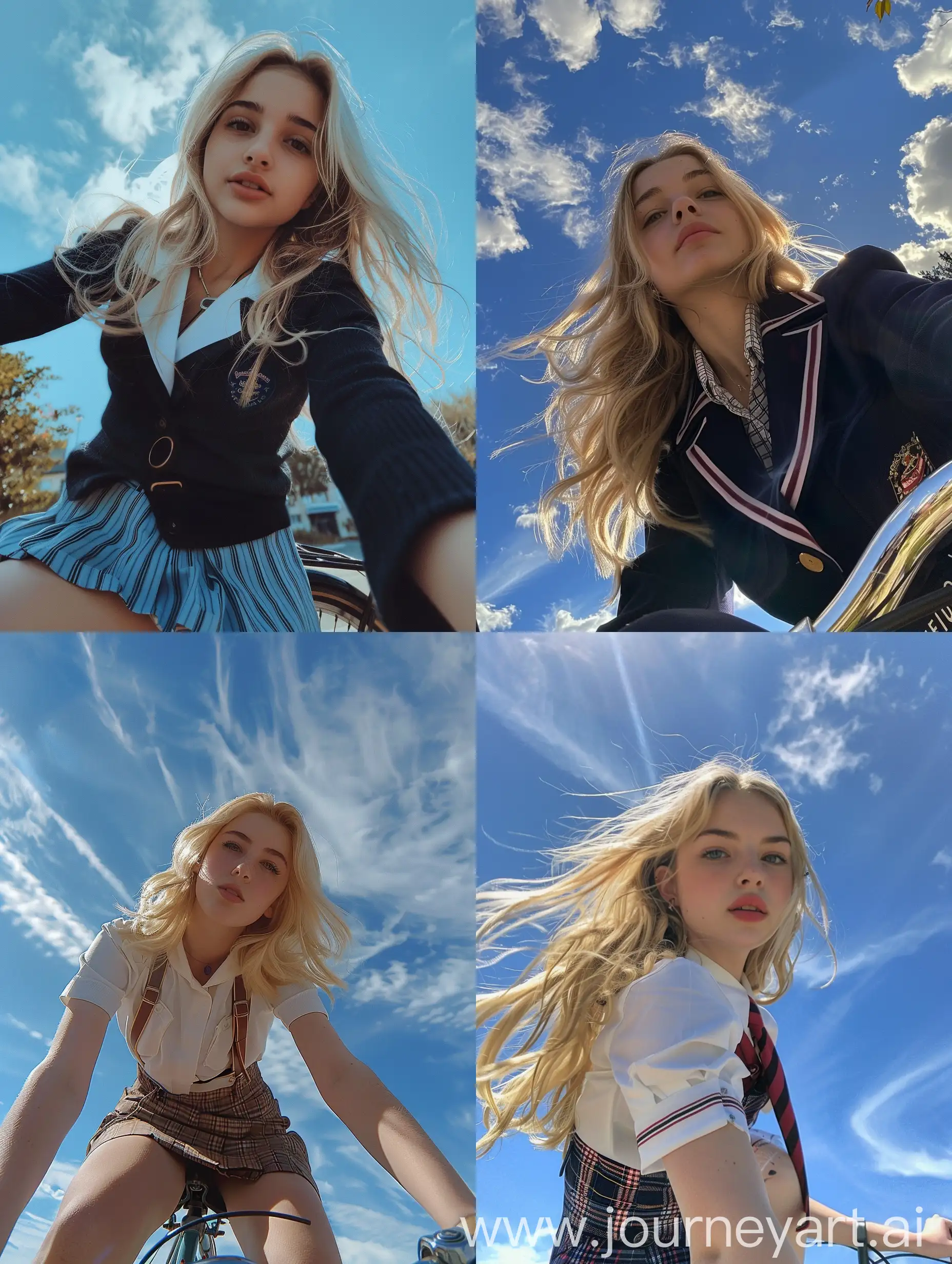 a girl, 22 years old, blonde hair, school uniform, sitting on a bicycle, no effects, selfie , iphone selfie, no filters, natural , iphone photo natural, camera down angle, sky view, down view