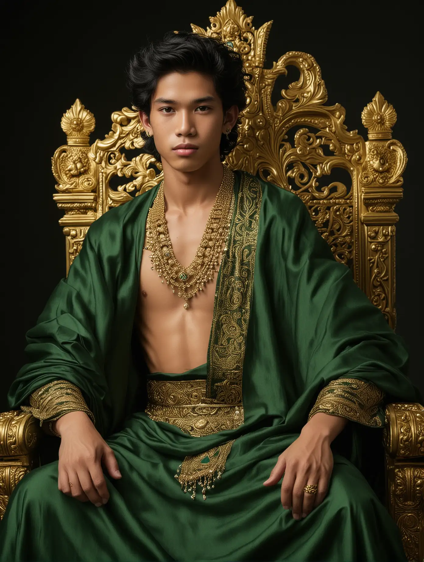 The male king of Indonesia is 15 years old and has white skin, very handsome, wavy black hair, shirtless, wearing a long green cloth, jewelry, gold earrings, sitting on a gold and green throne. black background