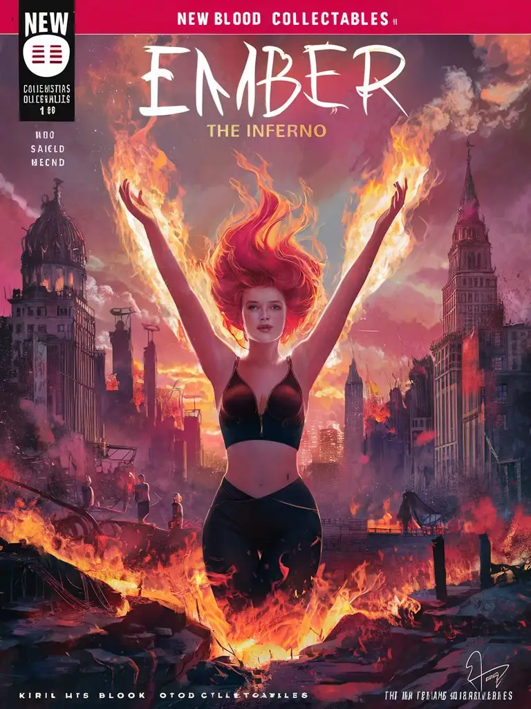 Design a Comic Book cover for "New Blood Collectables" featuring "Ember, the Inferno" Issue: #1 Description: Ember's flames engulf the city, but amidst the blaze, she searches for a way to control her fiery wrath and find redemption.
