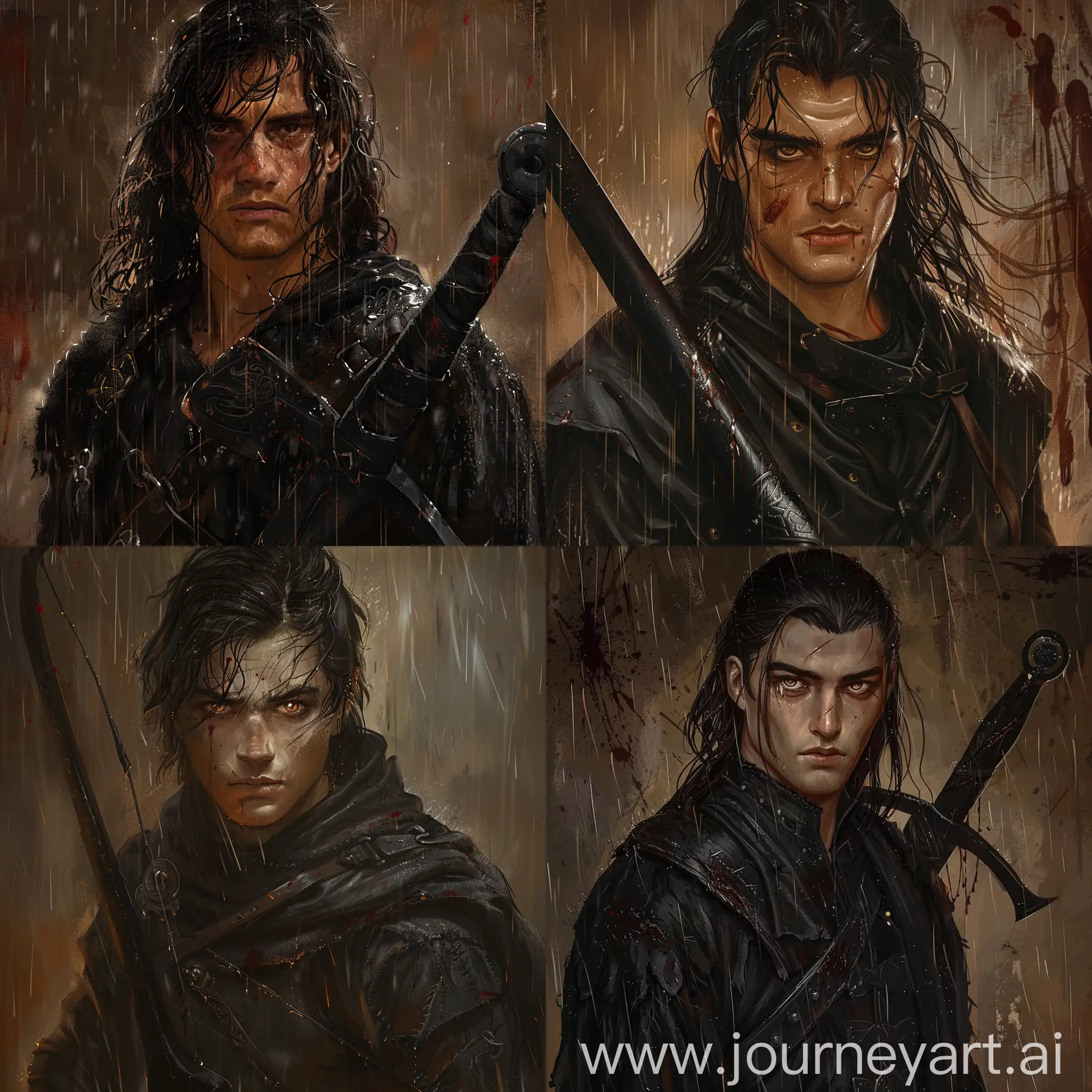Slightly swarthy, dark-haired and brown-eyed Viking dressed in a special all-black garment with a black weapon that shows traces of blows and blood. Historical realistic depiction of a Viking standing in a downpour. The Viking's gaze is directed at us, his eyes are slightly glowing and you can see confidence and aggression in his gaze. The background is a bit dark and brown, signifying bloodshed.