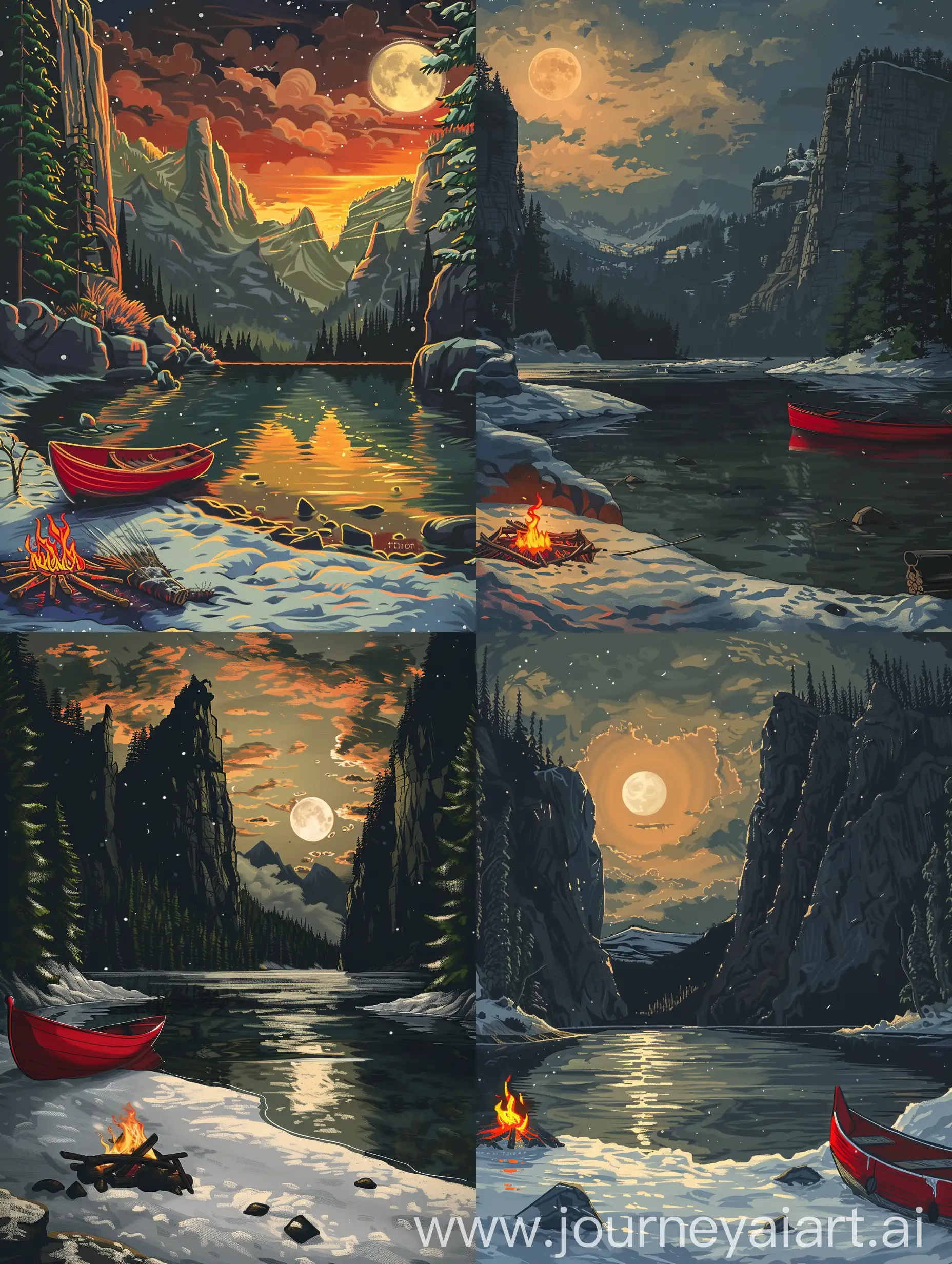 Digital drawing A night-time scene in nature. The setting features a red  boat near the shore of a calm lake.Snow in shore of the lake. The lake is surrounded by towering mountains and dense forests. The moon illuminates the dramatic sky with orange light . A camfire nearby boat in shore. Anime style