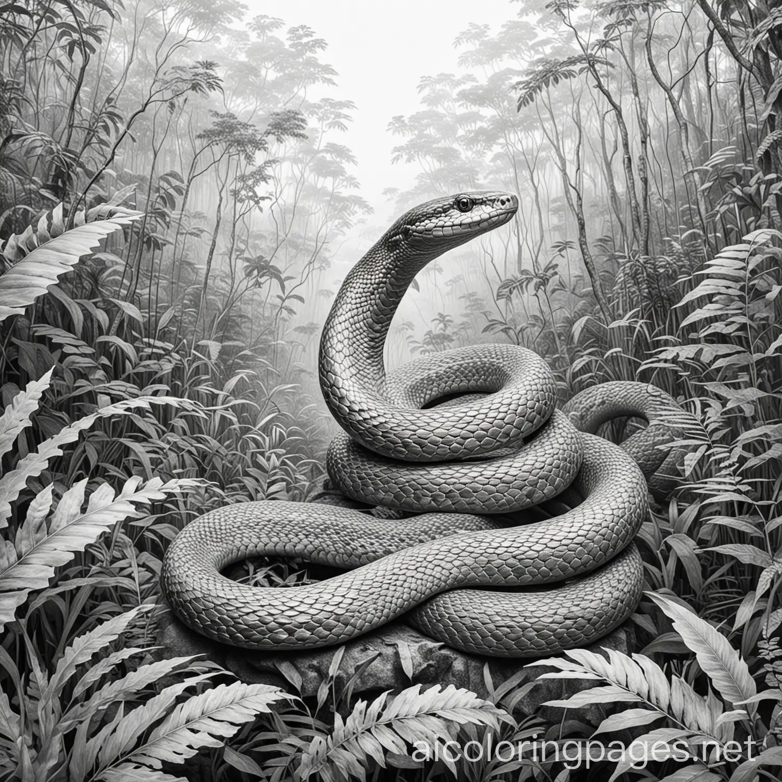 snake in the amazon forest, Coloring Page, black and white, line art, white background, Simplicity, Ample White Space. The background of the coloring page is plain white to make it easy for young children to color within the lines. The outlines of all the subjects are easy to distinguish, making it simple for kids to color without too much difficulty