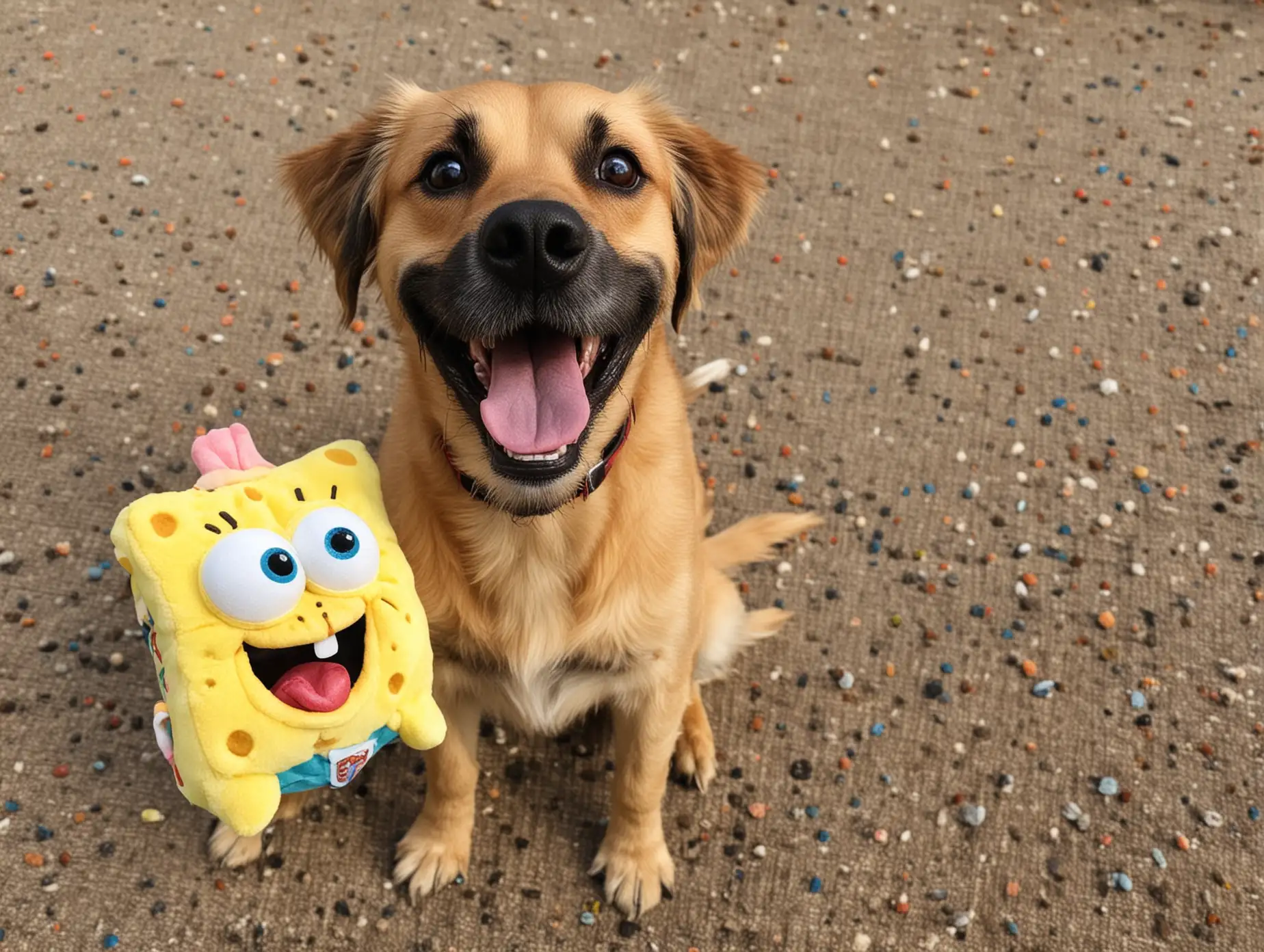 un perro terrorificamente feliz con un peluche de Bob Esponja.