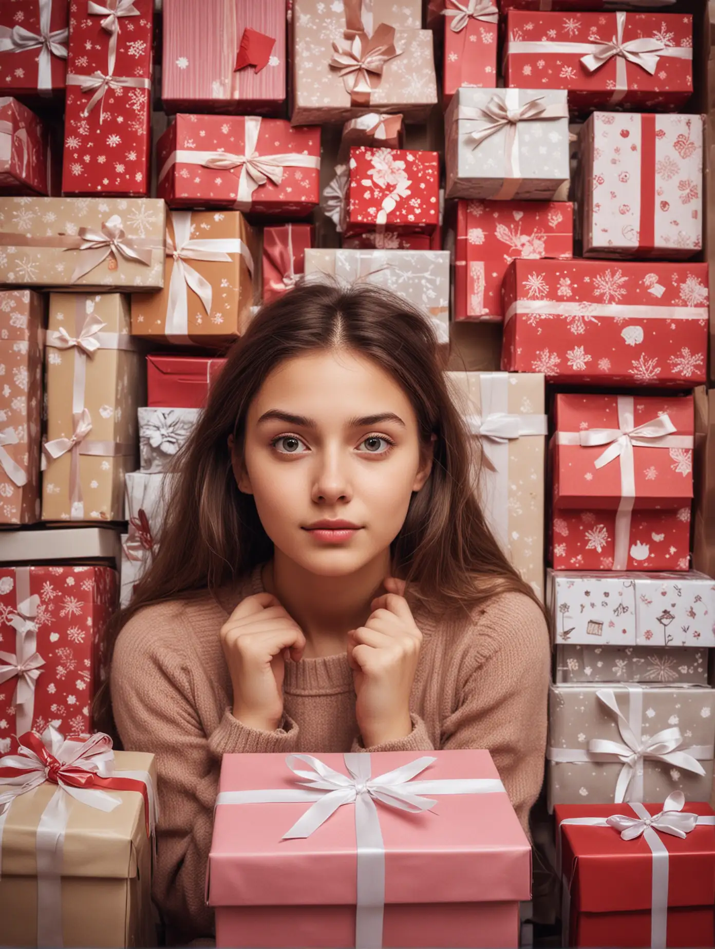 Poster of a girl thinking expression, surrounded by various gift boxes