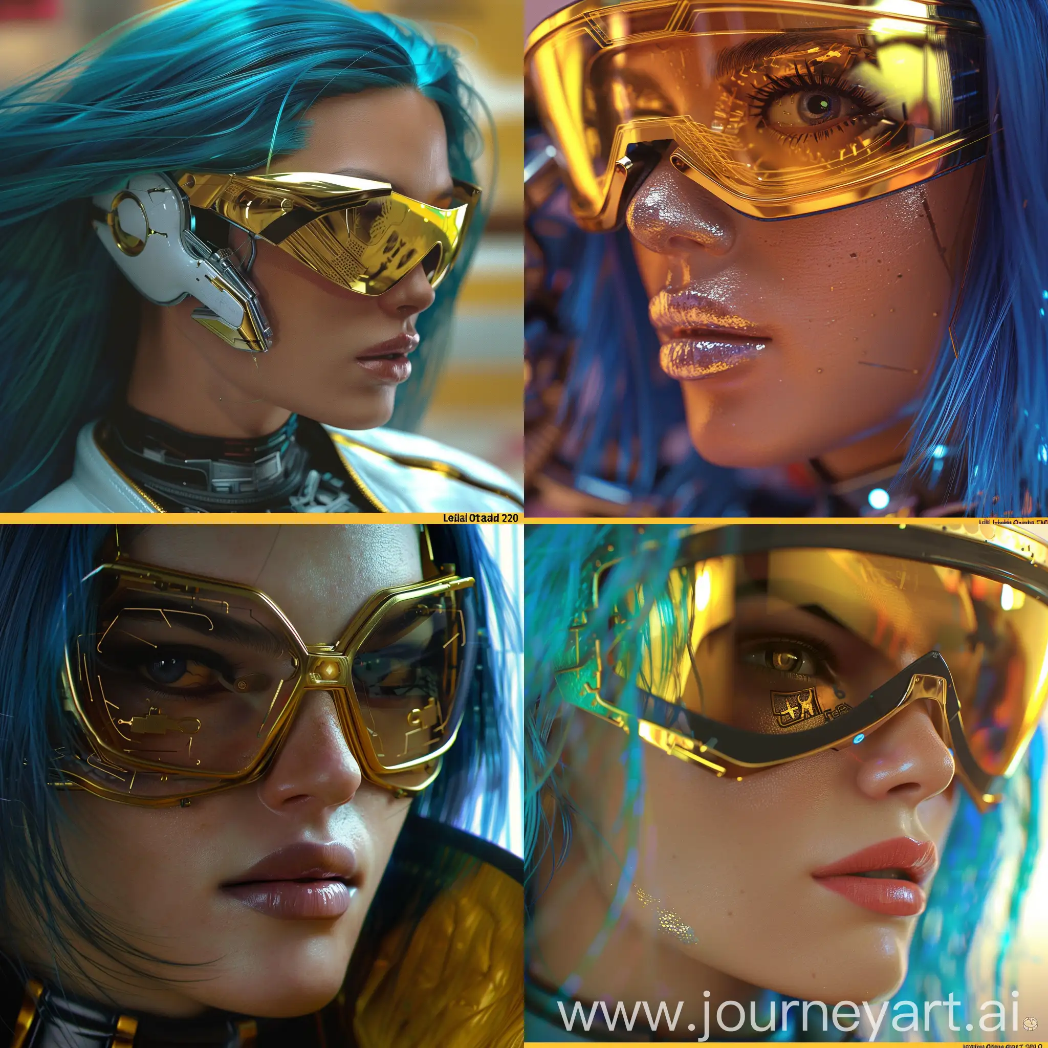 Leila Otadi,scarlet johanson,20 year old, Iranian woman , fighter , nothing on hairs,  relastic ,blue hair more margin , more and more detail,AI robot style ,in middle of fight,golden parts a close up of a person wearing sunglasses, cyberpunk 2 0 y. o model girl, cyberpunk femme fatale, cyber school girl, cyberpunk beautiful girl, cyberpunk anime girl, cyberpunk girl, synthwave image, beautiful cyberpunk woman model, as a retro futuristic heroine, retrofuturistic female android, cyberpunk women, dreamy cyberpunk girl, cyberpunk woman, cyberpunk eye wear, barbie cyborg
