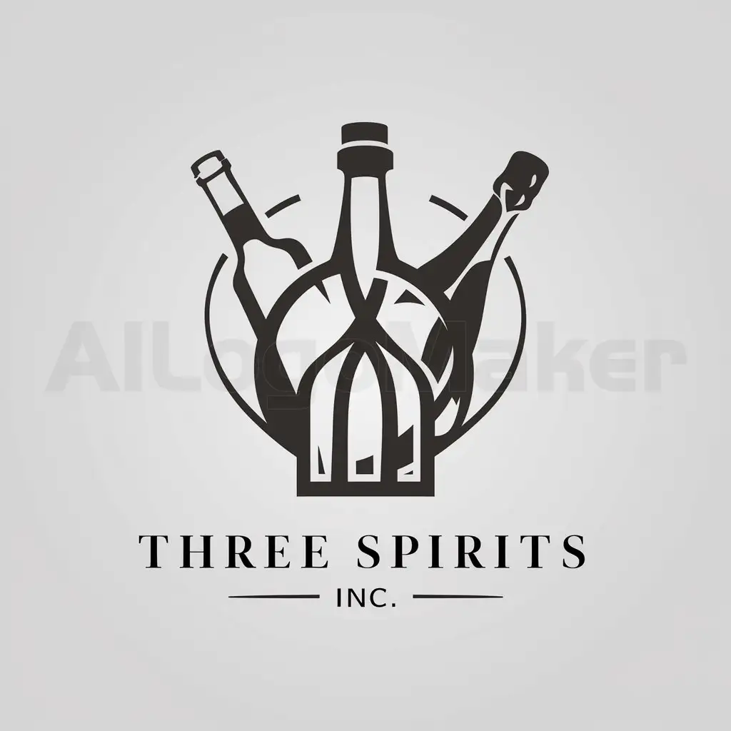 a logo design,with the text "Three Spirits Inc", main symbol:wine bottle whiskey bottle and champagne bottle,Moderate,clear background
