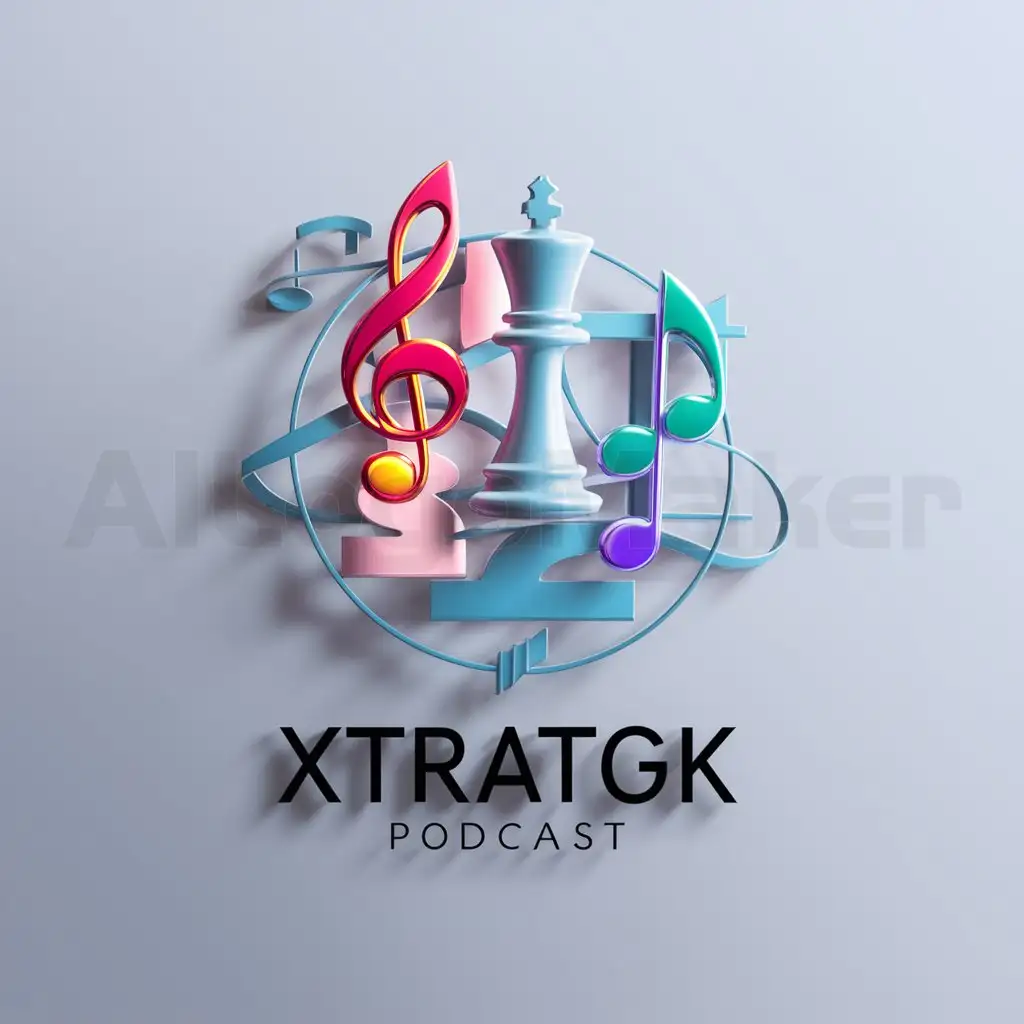 a logo design,with the text "XTRATGK PODCAST", main symbol:Design a 3D logo that embodies the spirit of a podcast, vibrant and imaginative, adorned with musical notes and chess pieces.,Minimalistic,be used in Technology industry,clear background