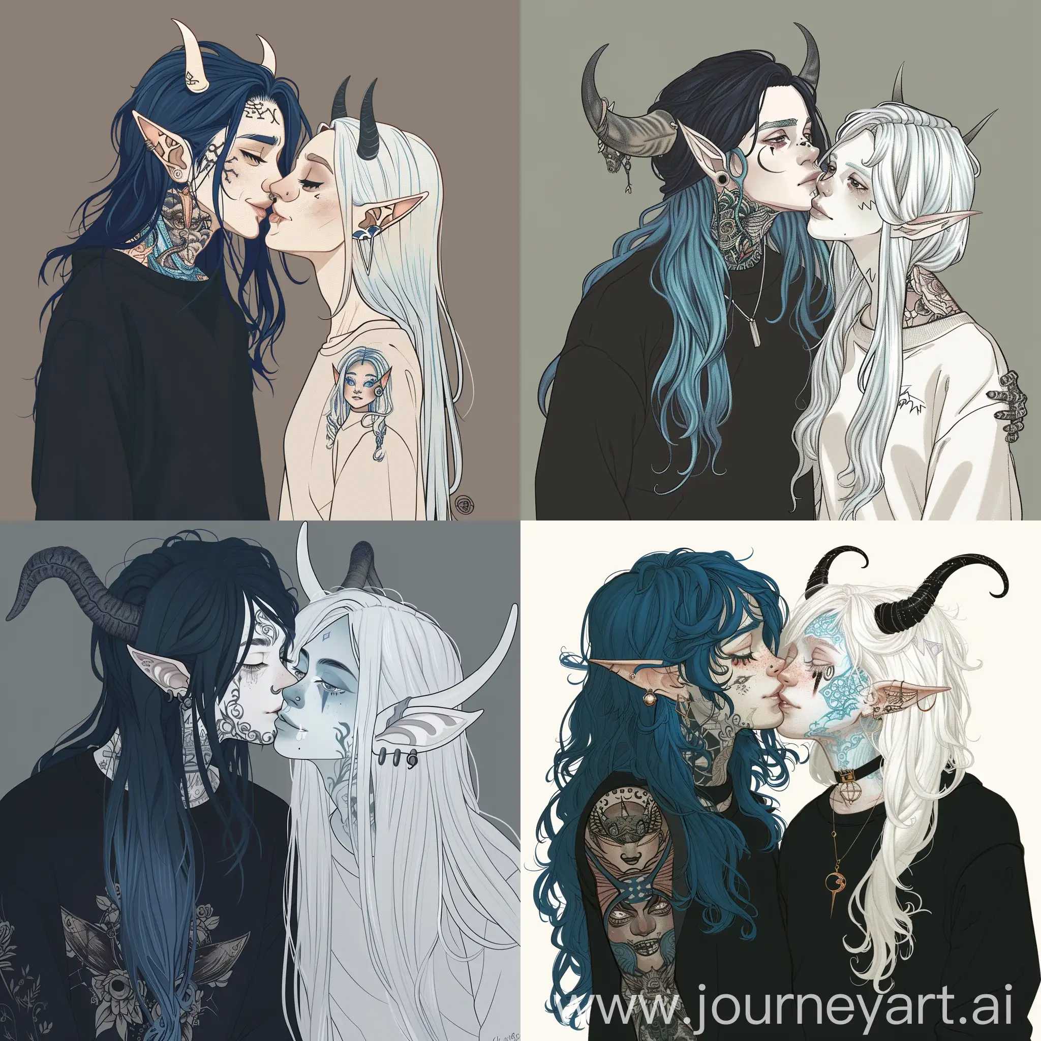 Boy with long blue hair, white eyes and horns and a tattoo on his body in a black sweatshirt kisses a girl with white hair, white eyes, horns on his head, elf ears and a tattoo on his body in the style of digital