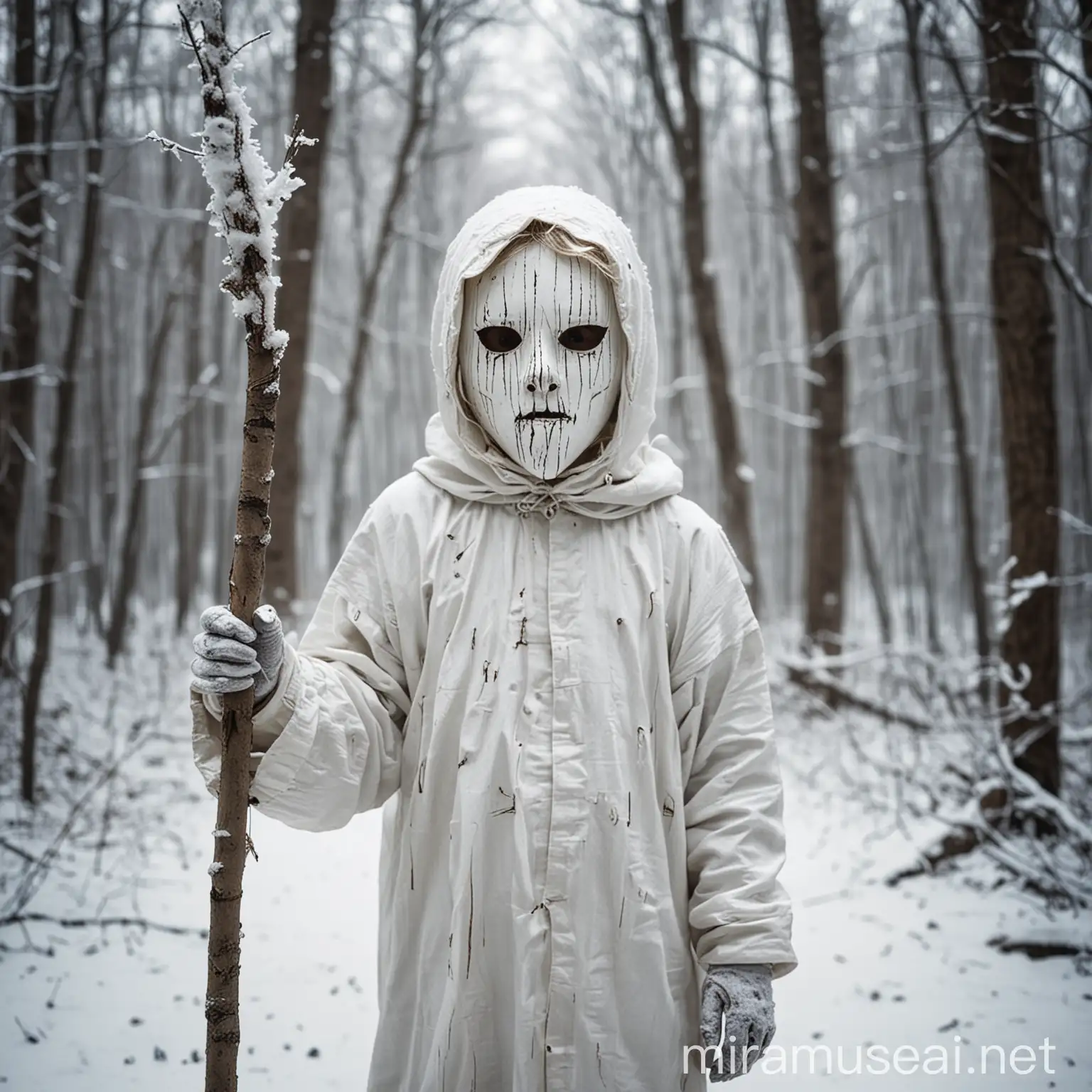 create an image inspired by a incenrraat child in wintery forrest, the child is wearing a white creepy mask and is holding a stick
