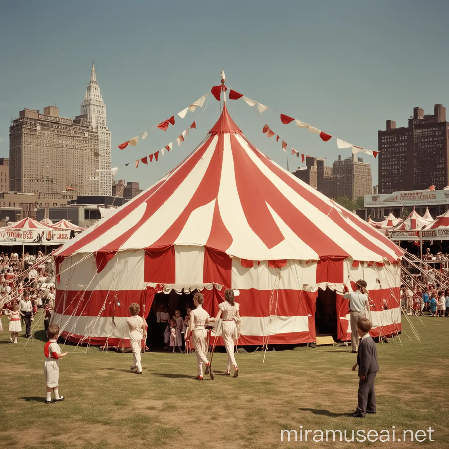 red and white circus tent, obese stilt walkers in front, children chasing each other, 1950s setting, contemporary New York in the background