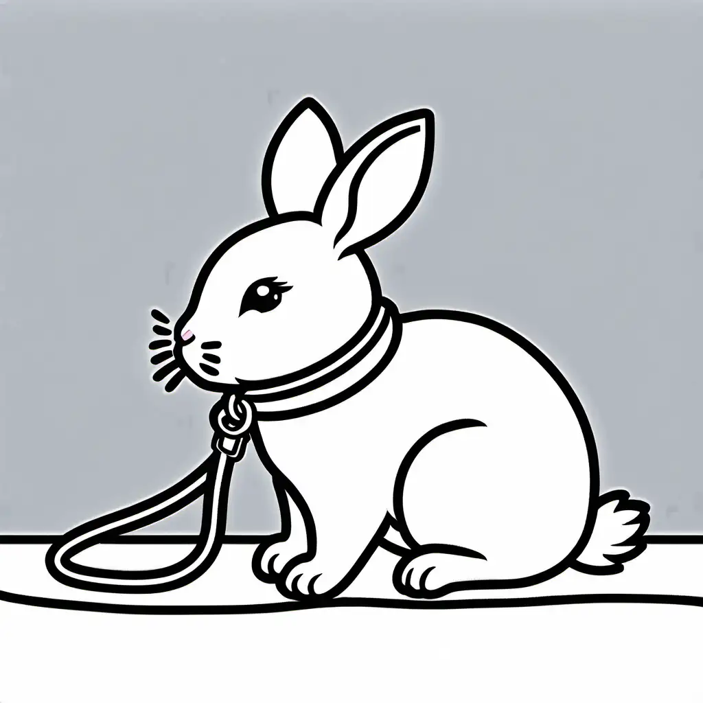 sitting bunny with leash in profile , Coloring Page, black and white, line art, white background, Simplicity, Ample White Space. The background of the coloring page is plain white to make it easy for young children to color within the lines. The outlines of all the subjects are easy to distinguish, making it simple for kids to color without too much difficulty