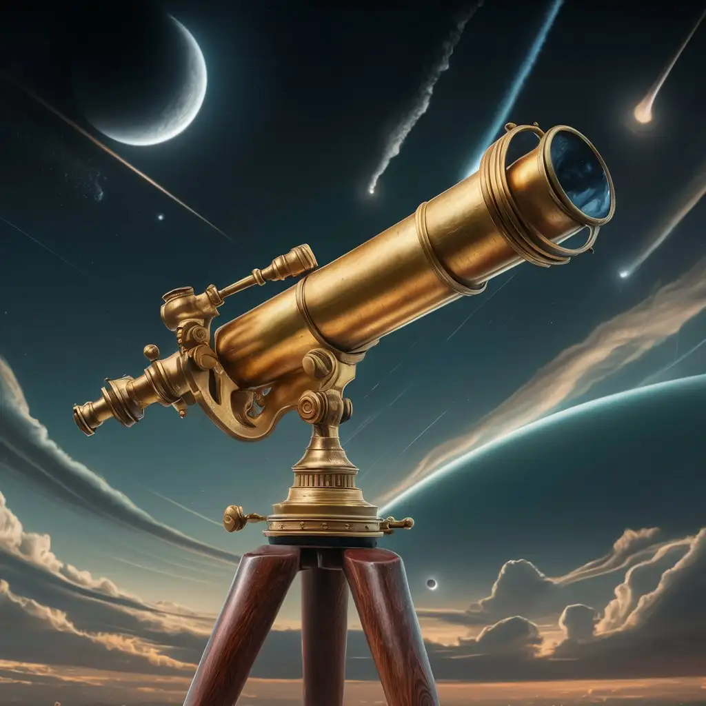 A detailed illustration of a telescope pointed towards the night sky.