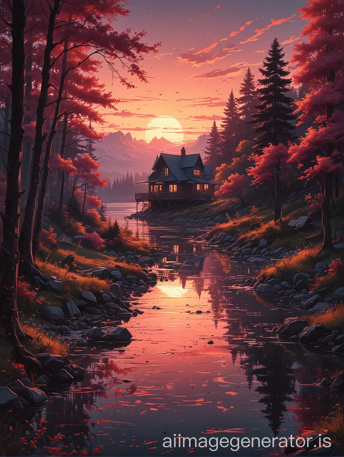 Scenic-Sunset-Painting-with-Trees-and-House-Dreamy-Landscape-Art