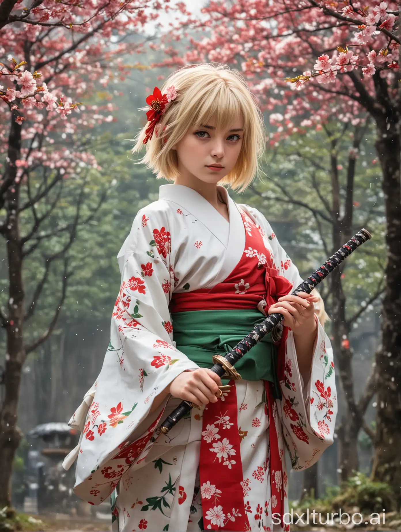 Blonde-Girl-in-Traditional-Kimono-Holding-Katana-with-Floral-Accents