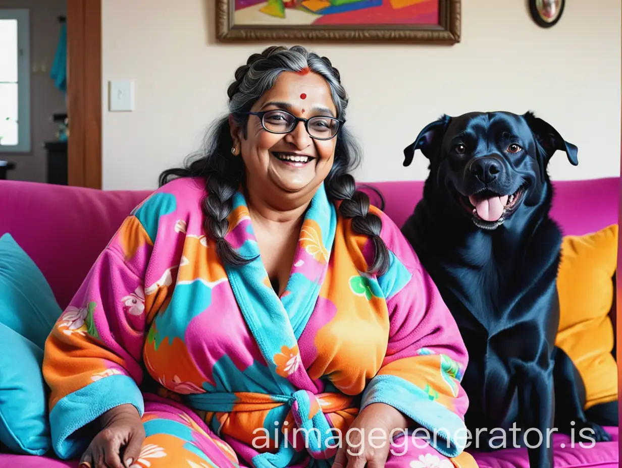 a fat mature indian lady having age 57 with makeup, with thick hair with French braid hairstyle  and wearing a spectacles on face , wearing a colorful bathrobe  , sitting on a sofa ,she is happy and smiling . a big black  dog is sitting near her in a house.