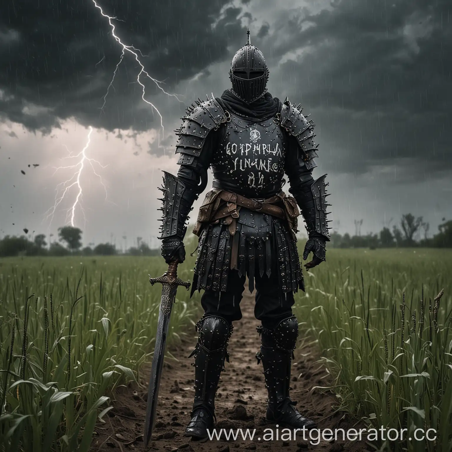 Рыцарь в черных доспехах с шипами на плечах, стоит в поле и держит меч в правой руке на котором написано OPIUM KLASS а на небе молнии и дождь