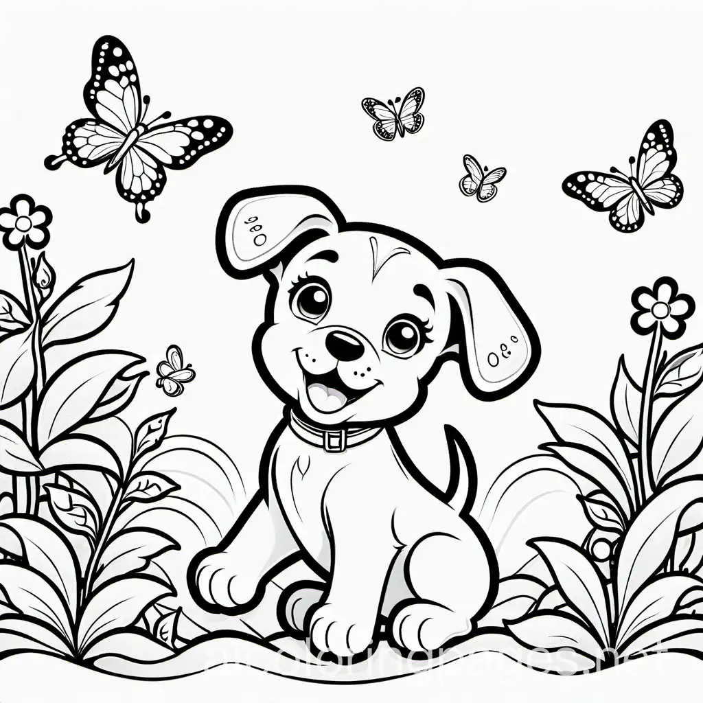 a cute puppy chasing butterflies, an black outline sketch on white background, Coloring Page, black and white, line art, white background, Simplicity, Ample White Space. The background of the coloring page is plain white to make it easy for young children to color within the lines. The outlines of all the subjects are easy to distinguish, making it simple for kids to color without too much difficulty, Coloring Page, black and white, line art, white background, Simplicity, Ample White Space. The background of the coloring page is plain white to make it easy for young children to color within the lines. The outlines of all the subjects are easy to distinguish, making it simple for kids to color without too much difficulty