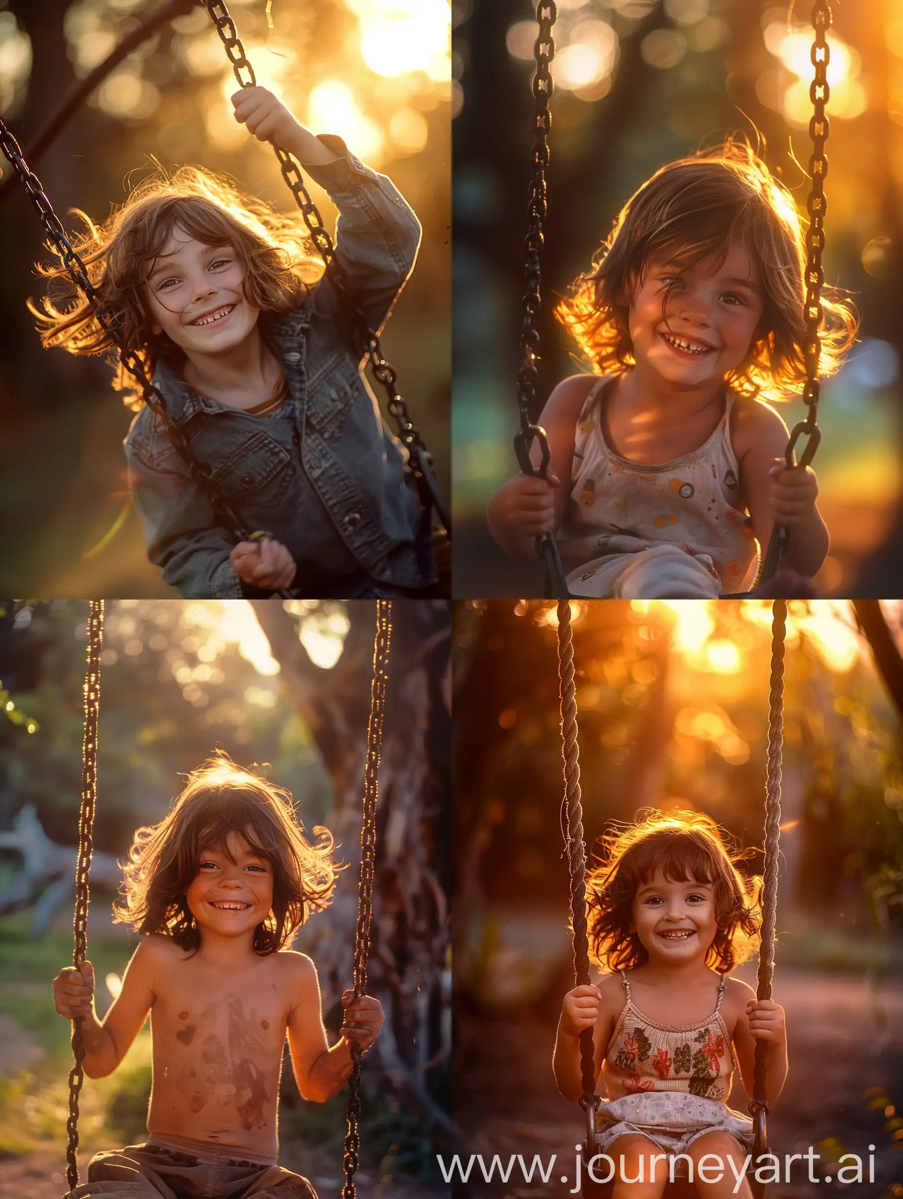 Realistic, extremely detailed photo of a child with brown hair swinging on a swing in a park at sunset, cheerful and smiling, warm golden light, (sunset glow), ((lively atmosphere)), detailed facial expressions, ((dynamic motion)), ((soft bokeh)), professional DSLR camera, 135mm lens, Fujifilm Velvia 50, photo by Steve McCurry, natural skin texture, (vivid colors), ((captivating composition)), joyous mood.