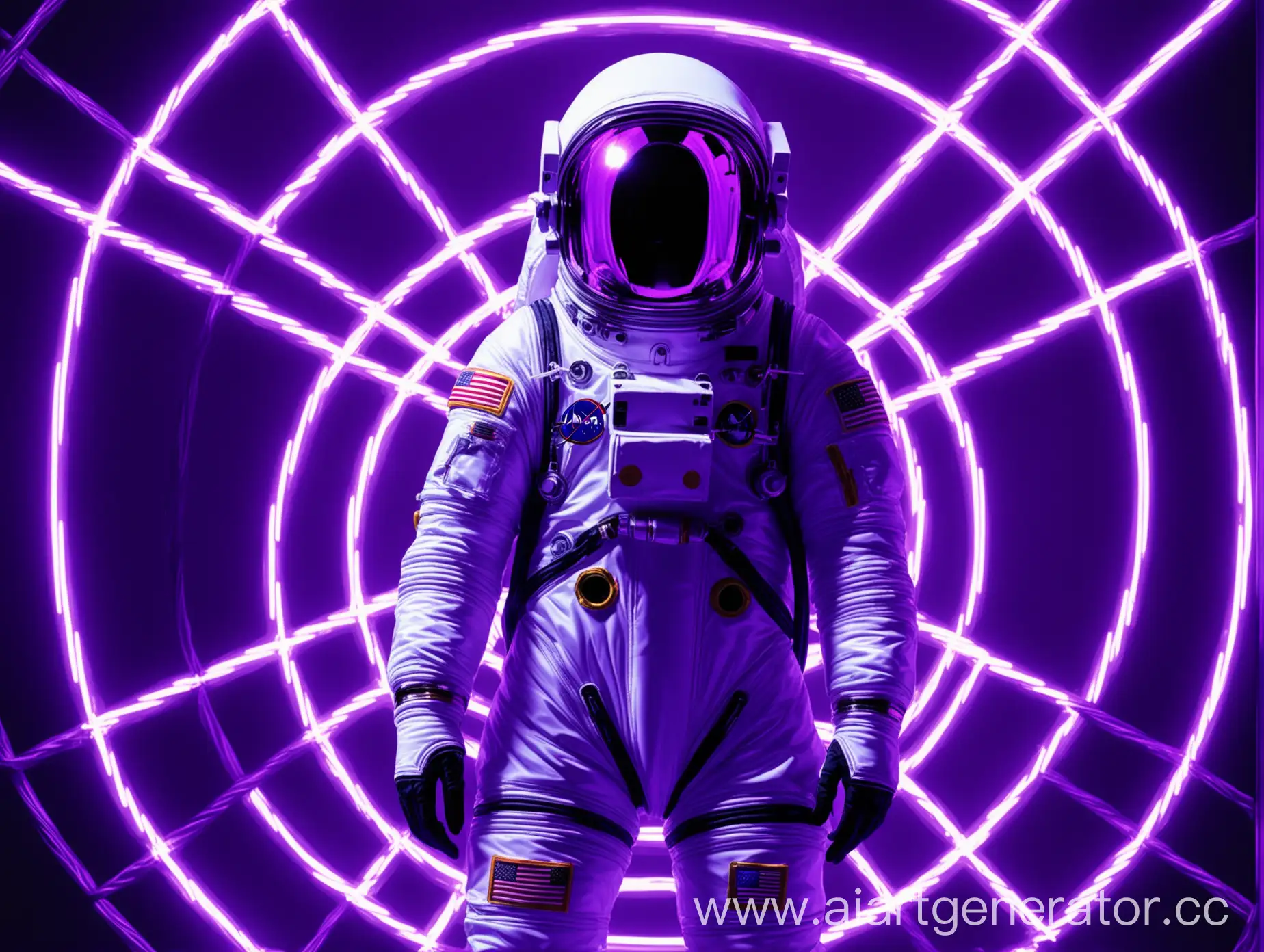Человек в костюме космонавта, вокруг фиолетовое неоновое освещение