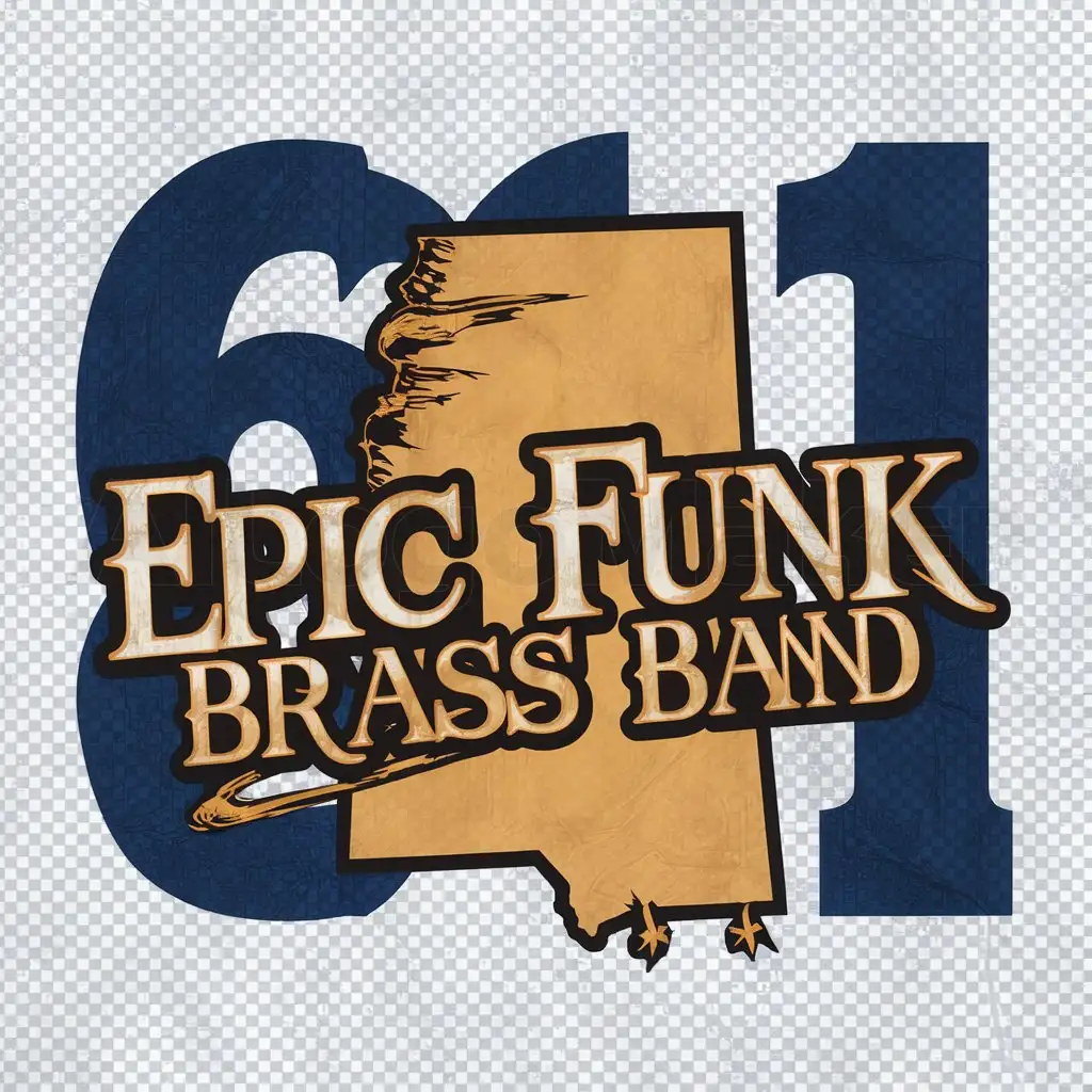 a logo design,with the text "Epic Funk Brass Band big fancy font looking gangsta slashing through with the state of Mississippi. Transparent", main symbol:Big 601 in background,Moderate,clear background