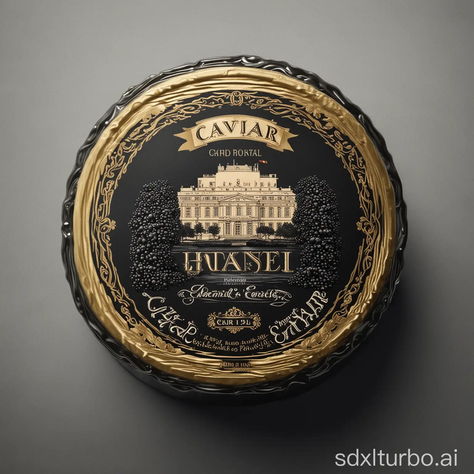 very realistic caviar can label design, Grand Hotel, with hotel illustration